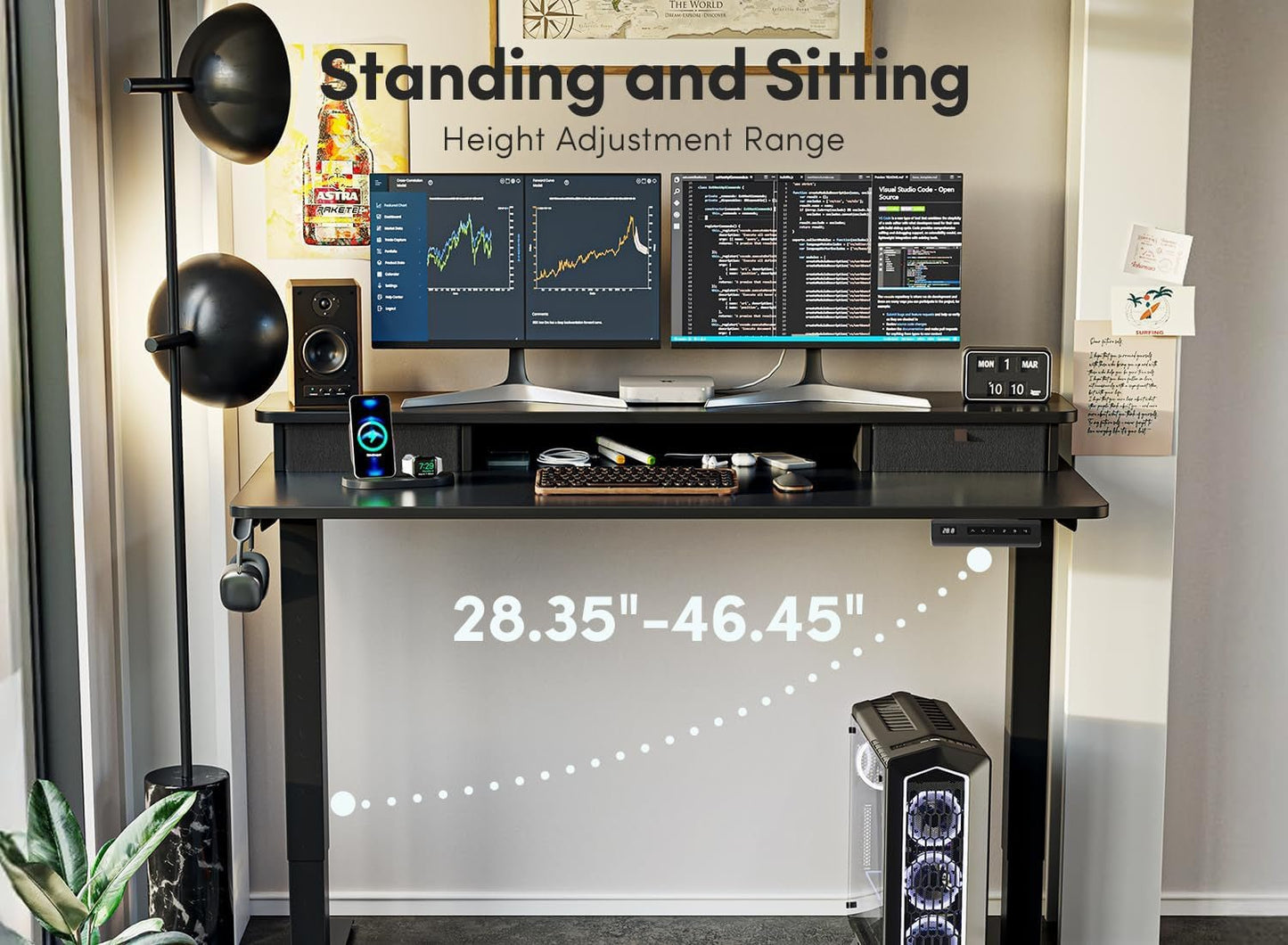 40 X 24 Inch Height Adjustable Electric Standing Desk with Double Drawer, Computer Desk, Home Office Stand up Table with 4 Height - Adjustable Feets & 2 Hooks, Black - Techlyn