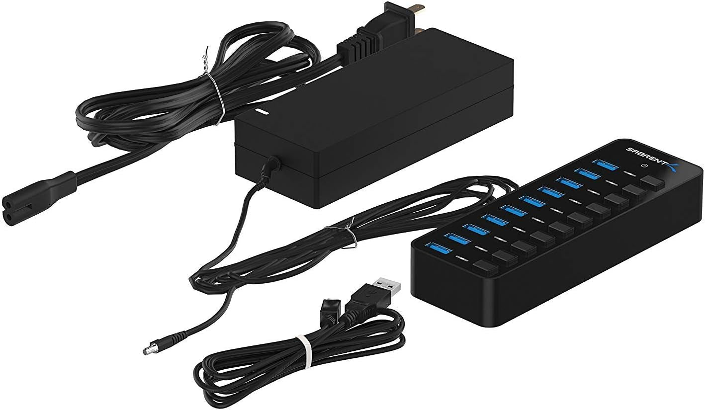 10 - Port 60W USB 3.0 Hub with Individual Power Switches and Leds, Includes 60W 12V/5A Power Adapter (HB - BU10) - Techlyn