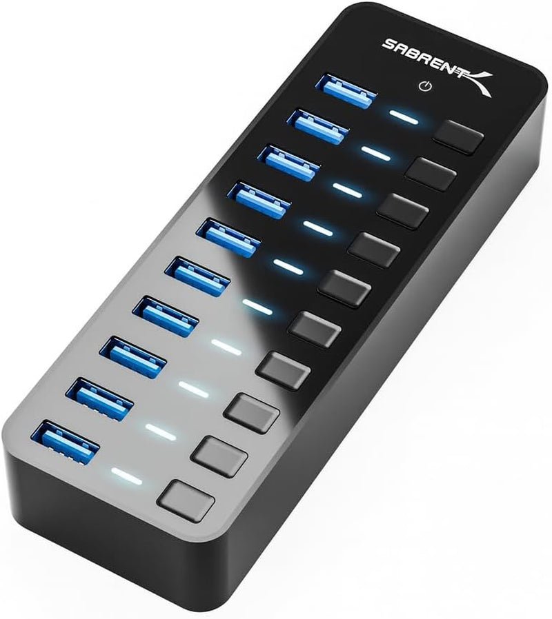 10 - Port 60W USB 3.0 Hub with Individual Power Switches and Leds, Includes 60W 12V/5A Power Adapter (HB - BU10) - Techlyn