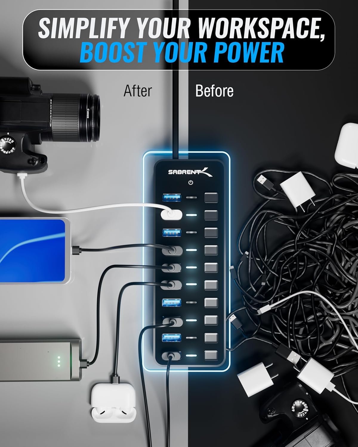 10 - Port 60W USB 3.0 Hub with Individual Power Switches and Leds, Includes 60W 12V/5A Power Adapter (HB - BU10) - Techlyn