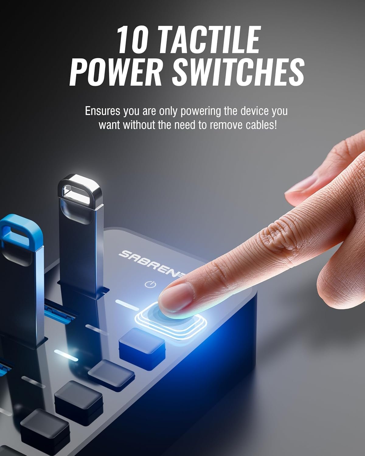 10 - Port 60W USB 3.0 Hub with Individual Power Switches and Leds, Includes 60W 12V/5A Power Adapter (HB - BU10) - Techlyn