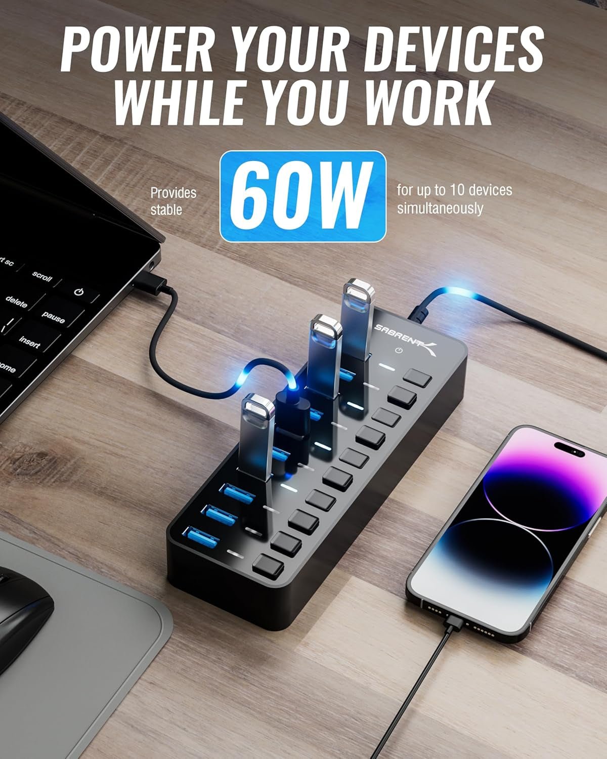10 - Port 60W USB 3.0 Hub with Individual Power Switches and Leds, Includes 60W 12V/5A Power Adapter (HB - BU10) - Techlyn