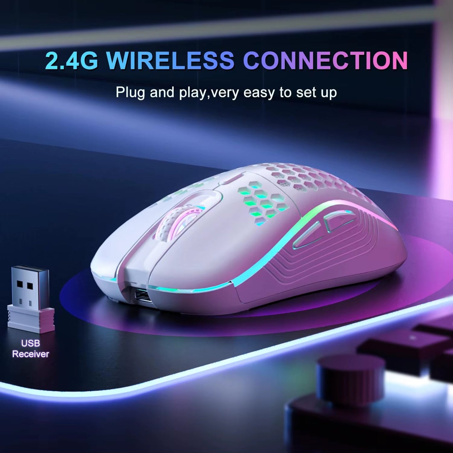 2.4G Wireless Mouse with RGB Backlit 6 - Button 3 - Speed DPI Type C Rechargeable Ergonomic Honeycomb Design Gaming Mouse - Techlyn