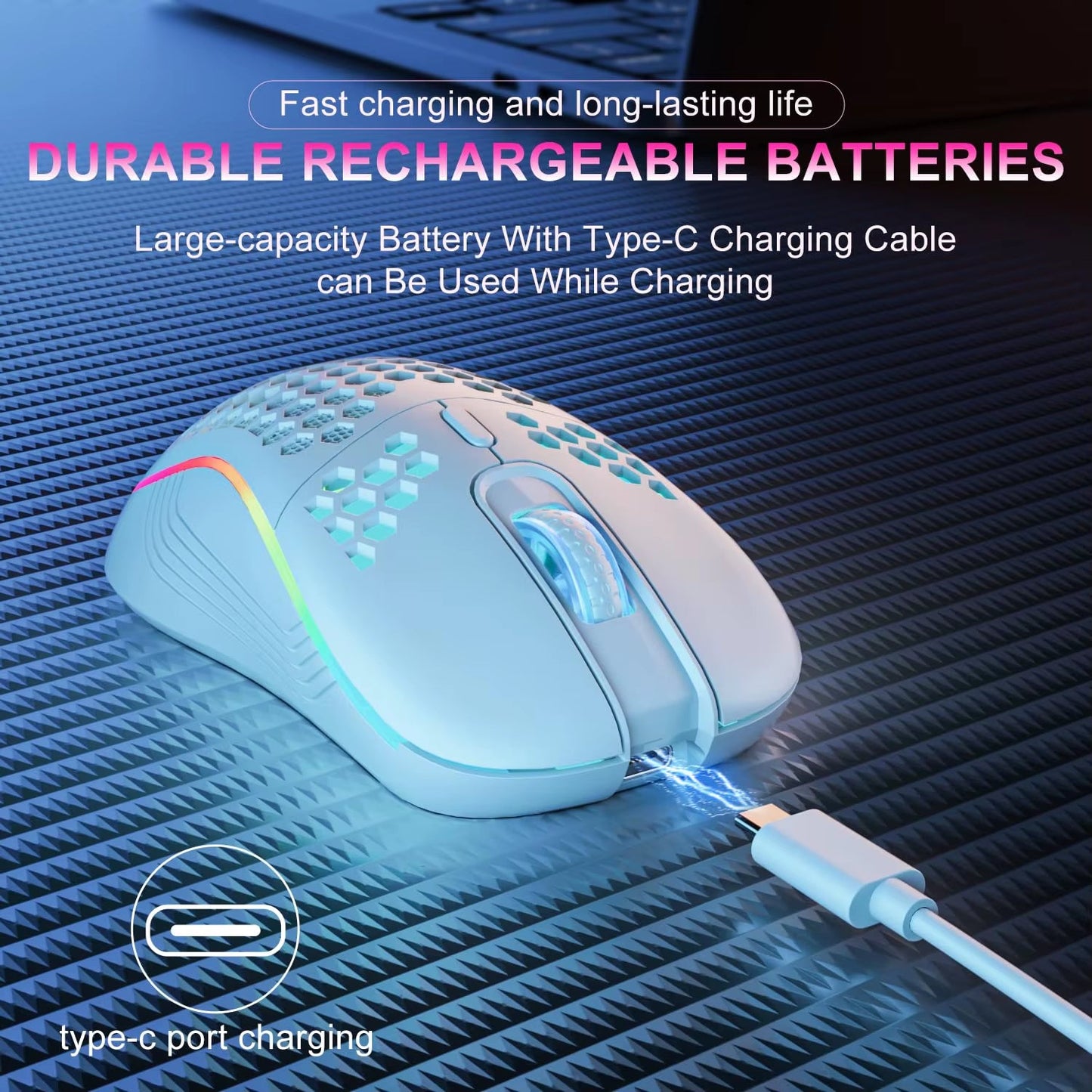 2.4G Wireless Mouse with RGB Backlit 6 - Button 3 - Speed DPI Type C Rechargeable Ergonomic Honeycomb Design Gaming Mouse - Techlyn