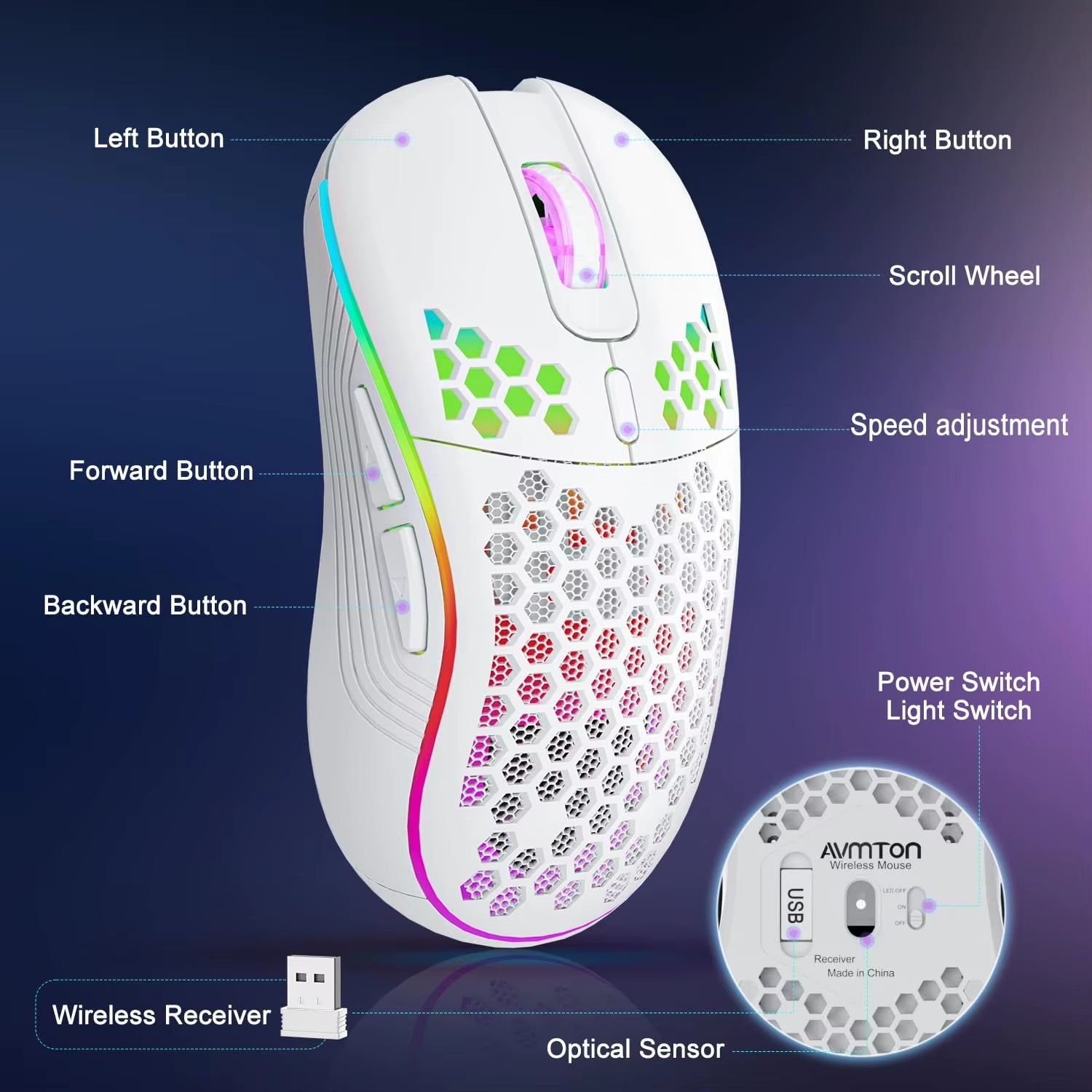 2.4G Wireless Mouse with RGB Backlit 6 - Button 3 - Speed DPI Type C Rechargeable Ergonomic Honeycomb Design Gaming Mouse - Techlyn