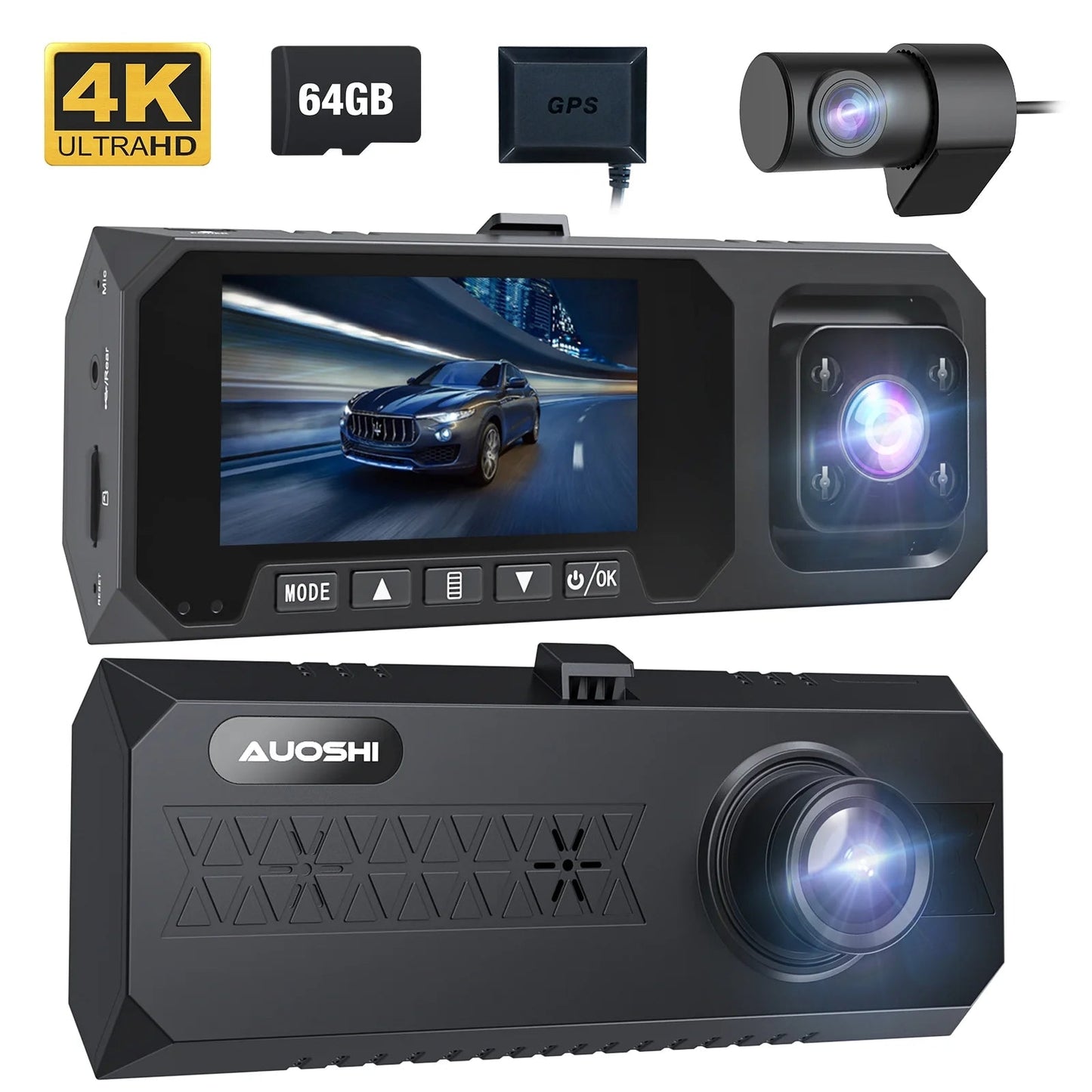 3 Channel Dash Cam Front and Rear, 4K/2.5K + 1080P Premium Car Camera for Cars with Wi - Fi GPS, Night Vision, 3.16" IPS Touchscreen, 24H Parking Mode, WDR, Type - C, 64GB SD Card Included - Techlyn