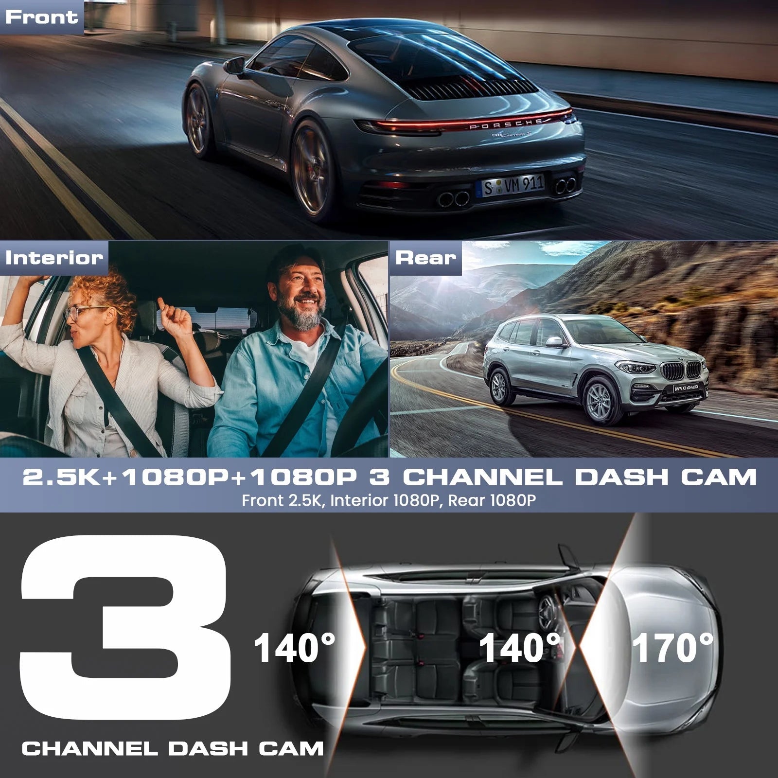 3 Channel Dash Cam Front and Rear, 4K/2.5K + 1080P Premium Car Camera for Cars with Wi - Fi GPS, Night Vision, 3.16" IPS Touchscreen, 24H Parking Mode, WDR, Type - C, 64GB SD Card Included - Techlyn