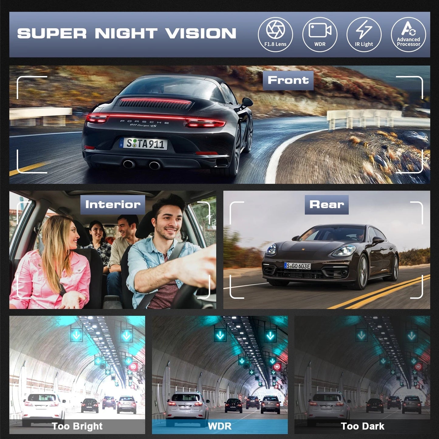 3 Channel Dash Cam Front and Rear, 4K/2.5K + 1080P Premium Car Camera for Cars with Wi - Fi GPS, Night Vision, 3.16" IPS Touchscreen, 24H Parking Mode, WDR, Type - C, 64GB SD Card Included - Techlyn