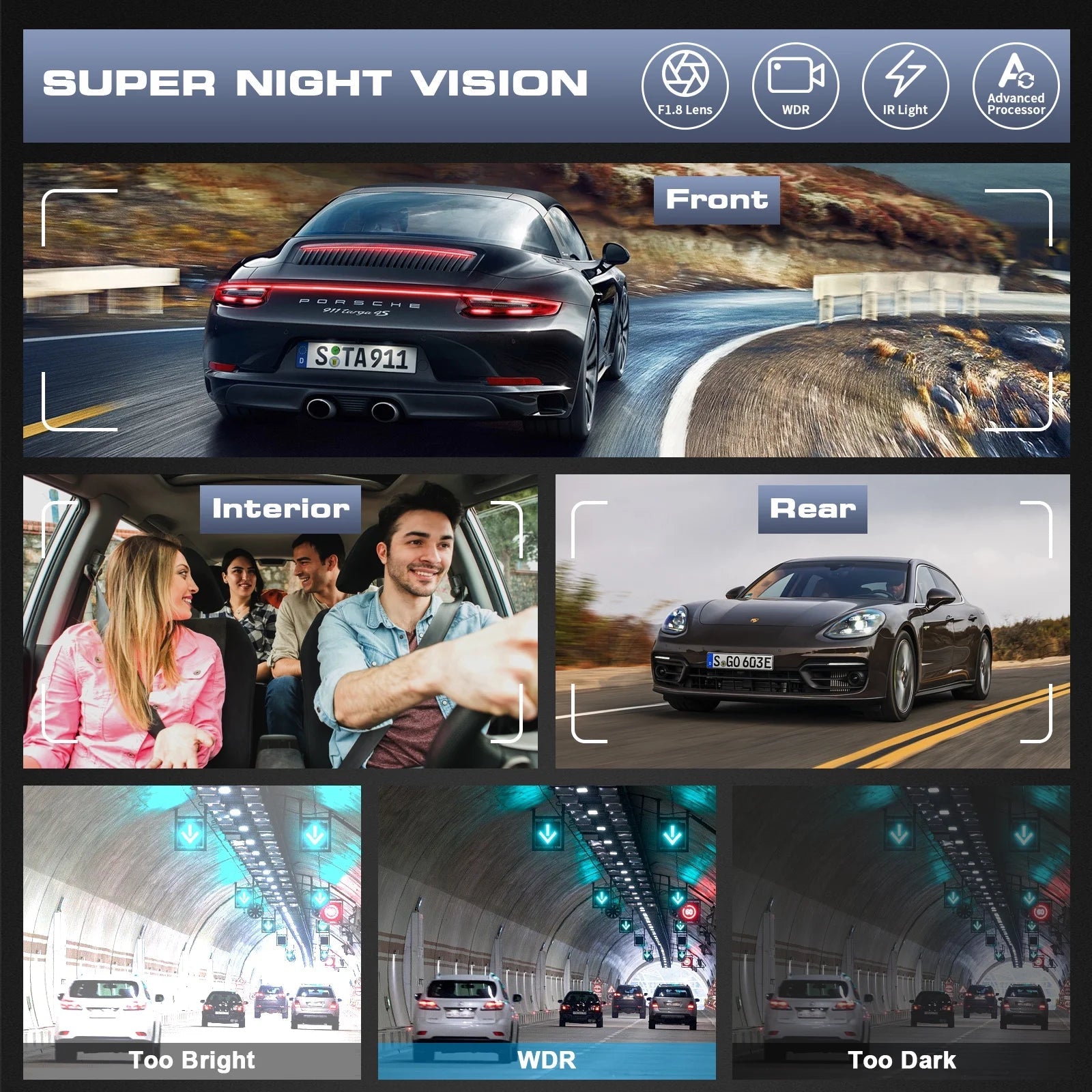 3 Channel Dash Cam Front and Rear, 4K/2.5K + 1080P Premium Car Camera for Cars with Wi - Fi GPS, Night Vision, 3.16" IPS Touchscreen, 24H Parking Mode, WDR, Type - C, 64GB SD Card Included - Techlyn