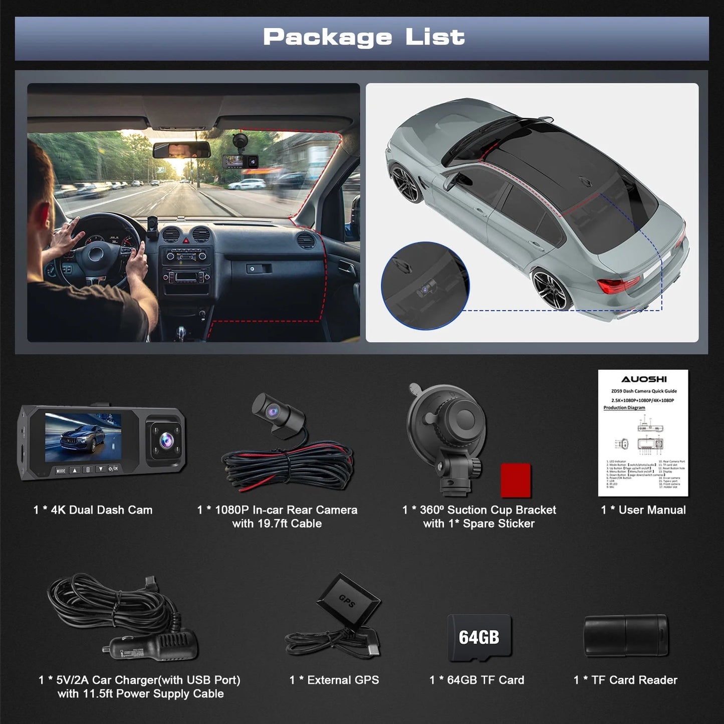 3 Channel Dash Cam Front and Rear, 4K/2.5K + 1080P Premium Car Camera for Cars with Wi - Fi GPS, Night Vision, 3.16" IPS Touchscreen, 24H Parking Mode, WDR, Type - C, 64GB SD Card Included - Techlyn