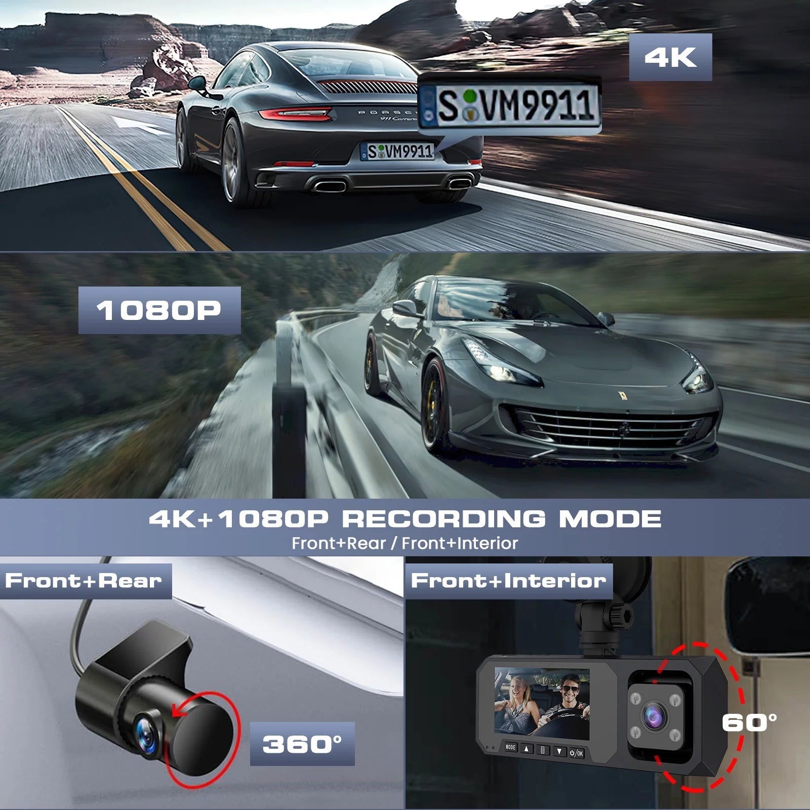 3 Channel Dash Cam Front and Rear, 4K/2.5K + 1080P Premium Car Camera for Cars with Wi - Fi GPS, Night Vision, 3.16" IPS Touchscreen, 24H Parking Mode, WDR, Type - C, 64GB SD Card Included - Techlyn