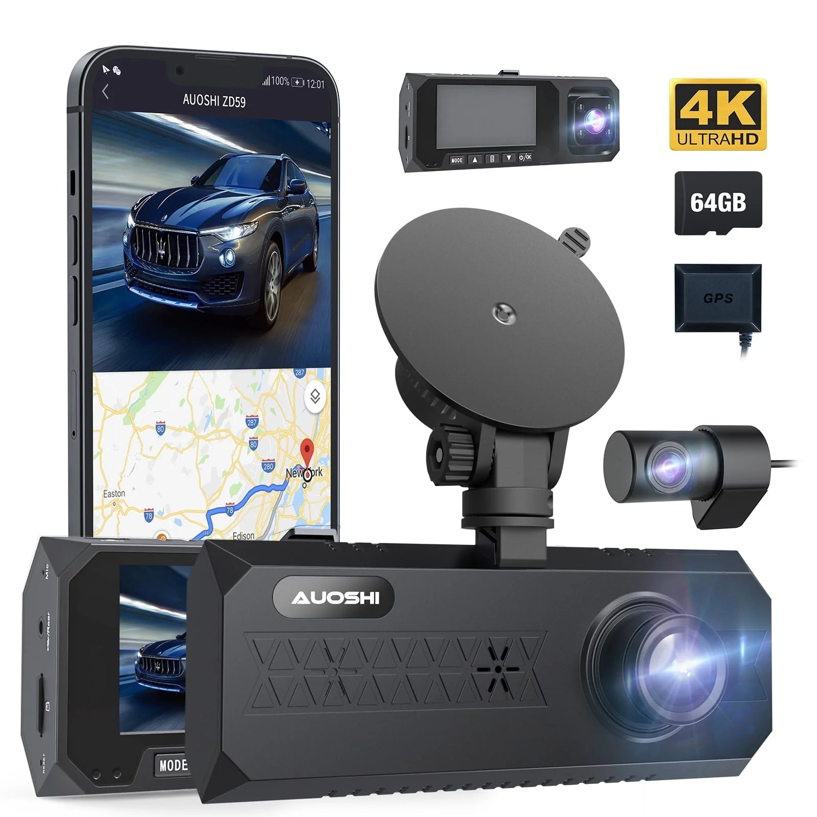 3 Channel Dash Cam Front and Rear, 4K/2.5K + 1080P Premium Car Camera for Cars with Wi - Fi GPS, Night Vision, 3.16" IPS Touchscreen, 24H Parking Mode, WDR, Type - C, 64GB SD Card Included - Techlyn
