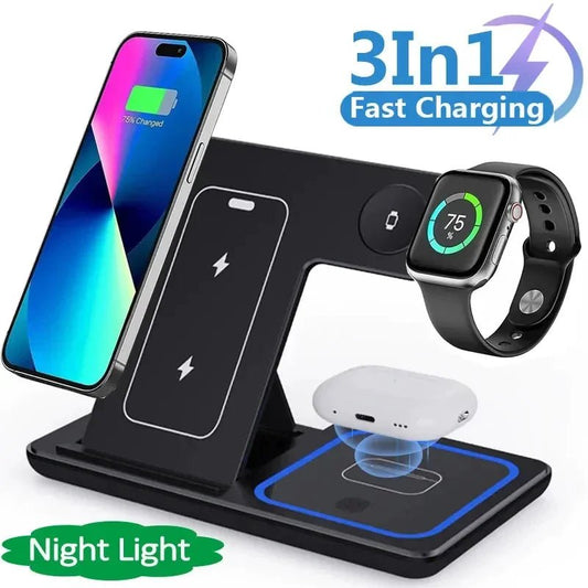 3 In 1 LED Fast Wireless Charger Stand Foldable Charging Station - Techlyn
