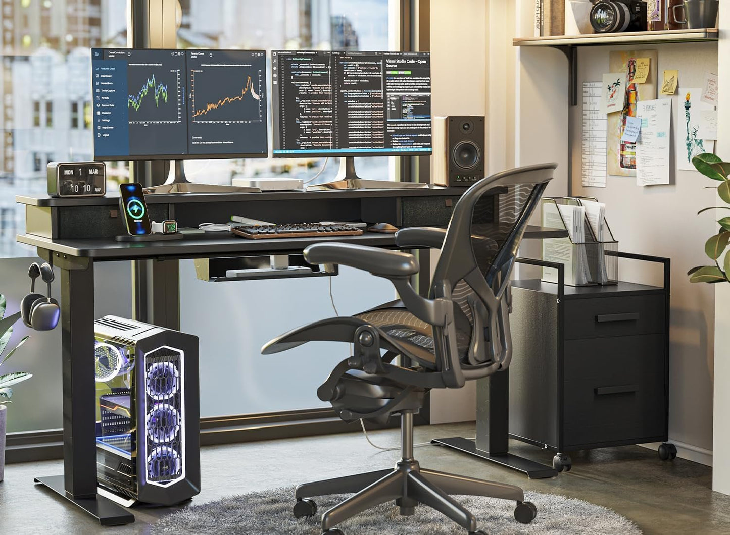 40 X 24 Inch Height Adjustable Electric Standing Desk with Double Drawer, Computer Desk, Home Office Stand up Table with 4 Height - Adjustable Feets & 2 Hooks, Black - Techlyn