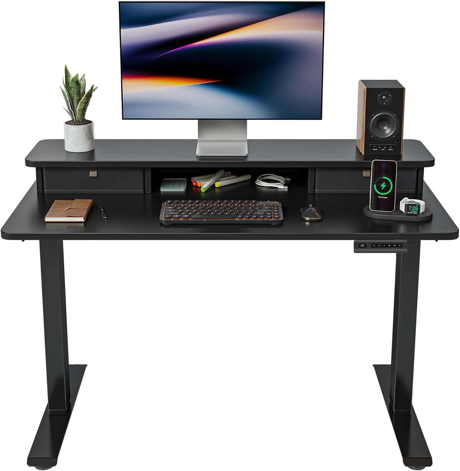 40 X 24 Inch Height Adjustable Electric Standing Desk with Double Drawer, Computer Desk, Home Office Stand up Table with 4 Height - Adjustable Feets & 2 Hooks, Black - Techlyn