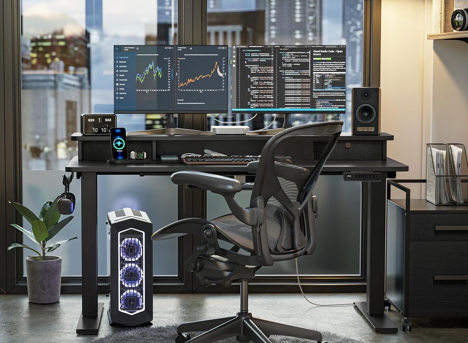 40 X 24 Inch Height Adjustable Electric Standing Desk with Double Drawer, Computer Desk, Home Office Stand up Table with 4 Height - Adjustable Feets & 2 Hooks, Black - Techlyn