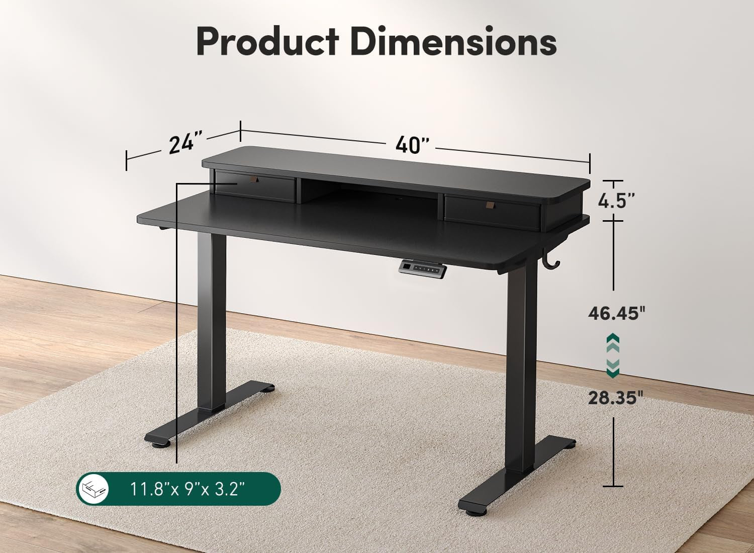 40 X 24 Inch Height Adjustable Electric Standing Desk with Double Drawer, Computer Desk, Home Office Stand up Table with 4 Height - Adjustable Feets & 2 Hooks, Black - Techlyn