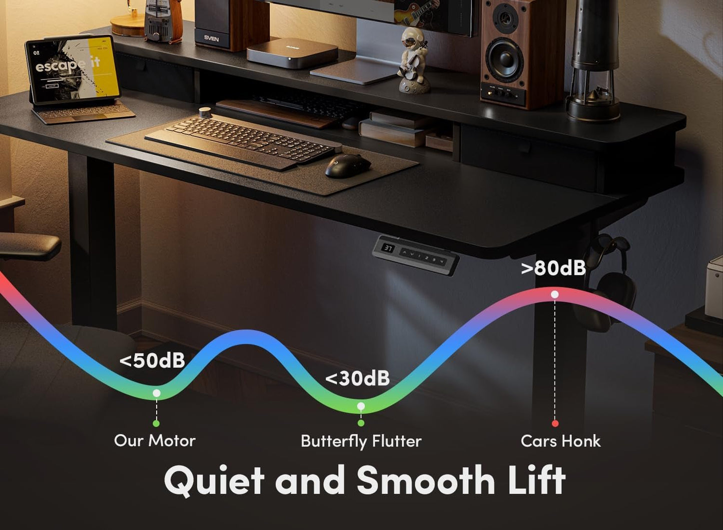 40 X 24 Inch Height Adjustable Electric Standing Desk with Double Drawer, Computer Desk, Home Office Stand up Table with 4 Height - Adjustable Feets & 2 Hooks, Black - Techlyn