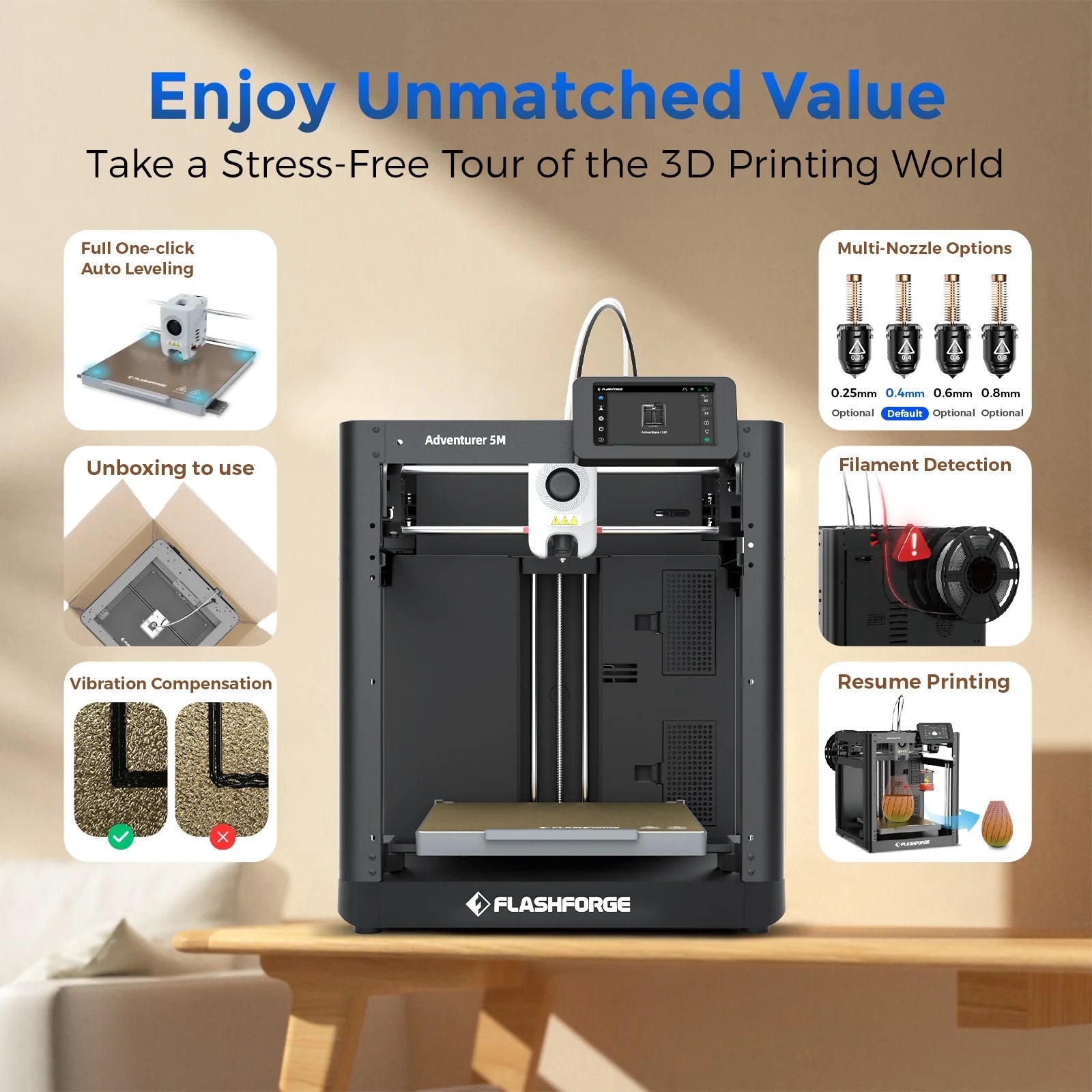 Adventurer 5M 3D Printer, Fully Auto Leveling & 600Mm/S High Speed Printing, Black - Techlyn