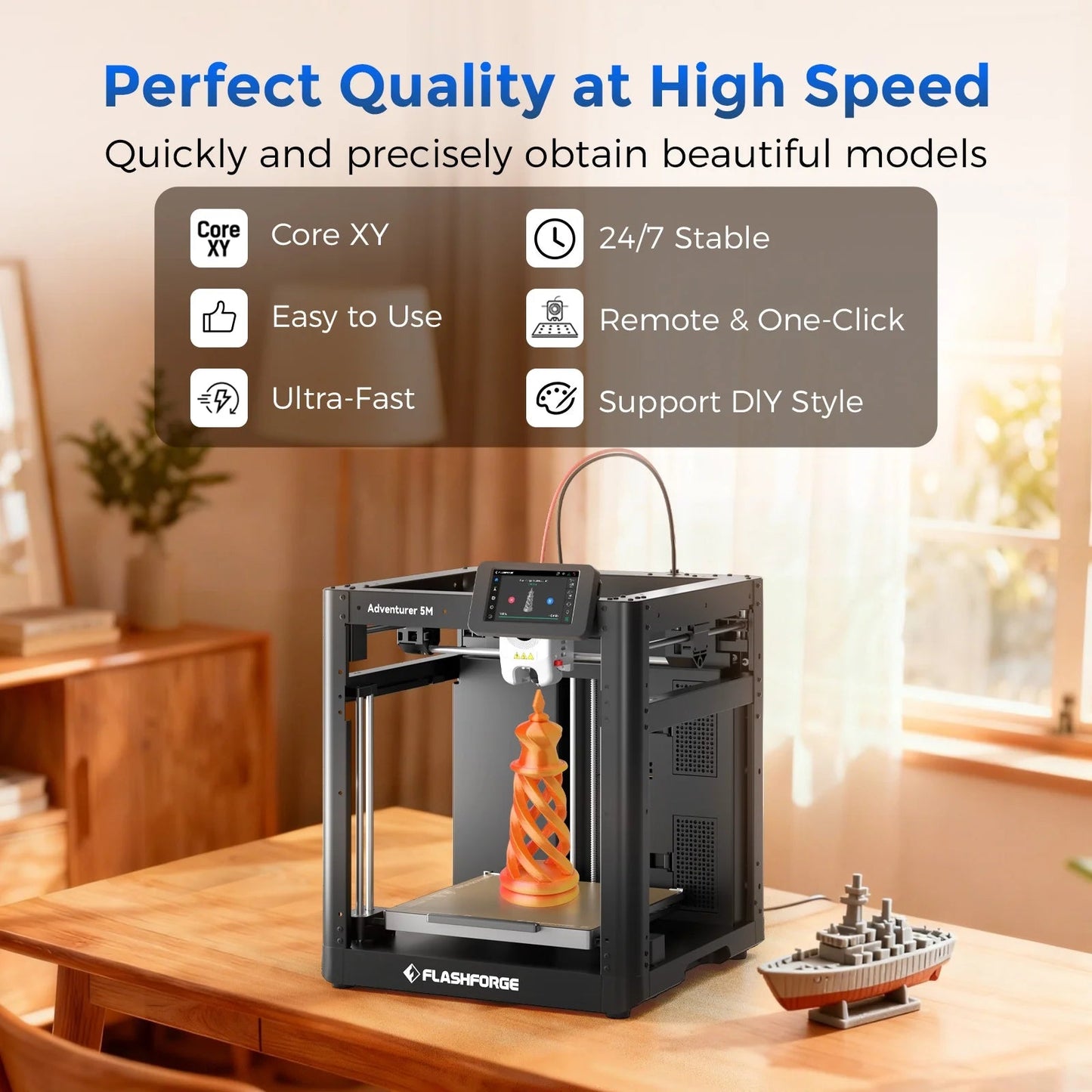 Adventurer 5M 3D Printer, Fully Auto Leveling & 600Mm/S High Speed Printing, Black - Techlyn