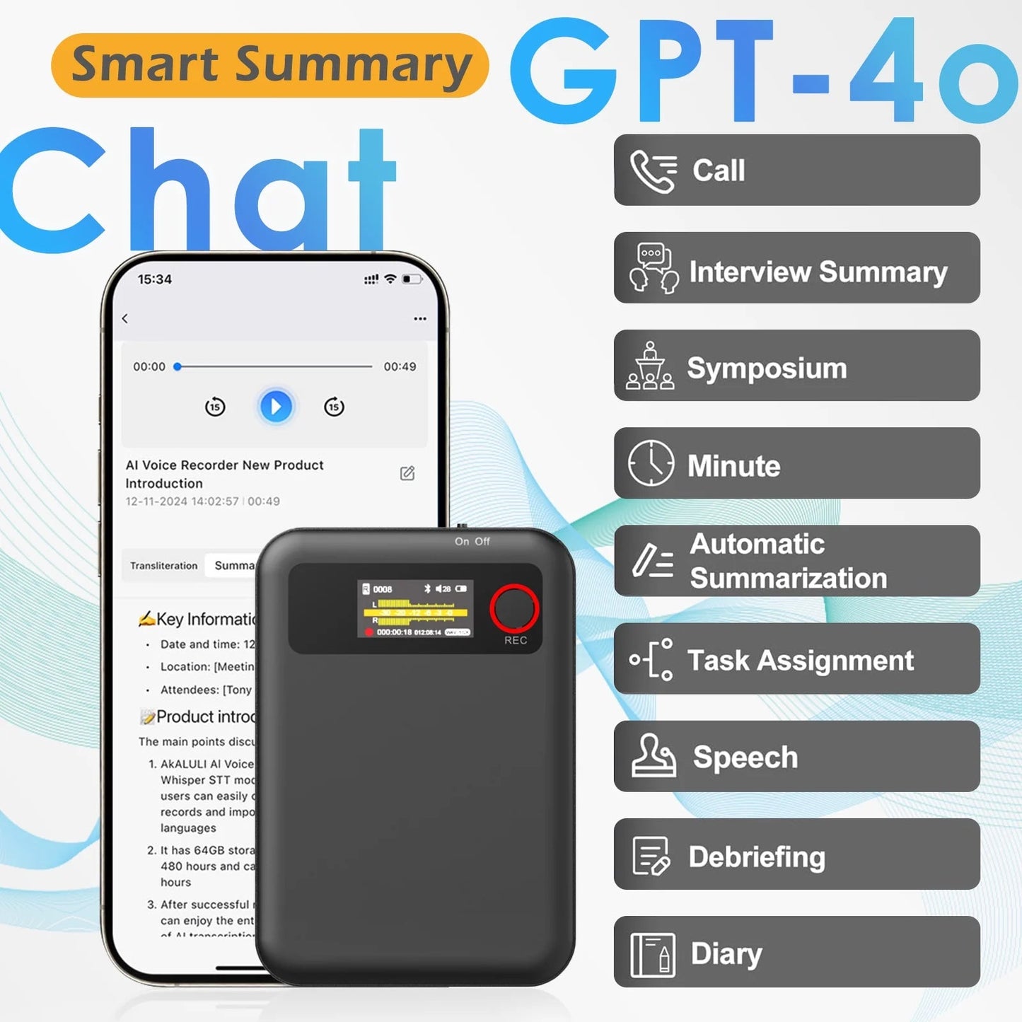 AI Voice Recorder with Transcribe, Translation, APP Control, AI Analysis Summarize for Lectures Meetings Calls, Support 100+ Languages, 64GB Memory - Techlyn