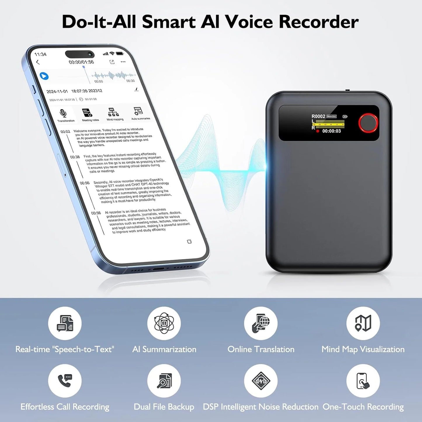AI Voice Recorder with Transcribe, Translation, APP Control, AI Analysis Summarize for Lectures Meetings Calls, Support 100+ Languages, 64GB Memory - Techlyn