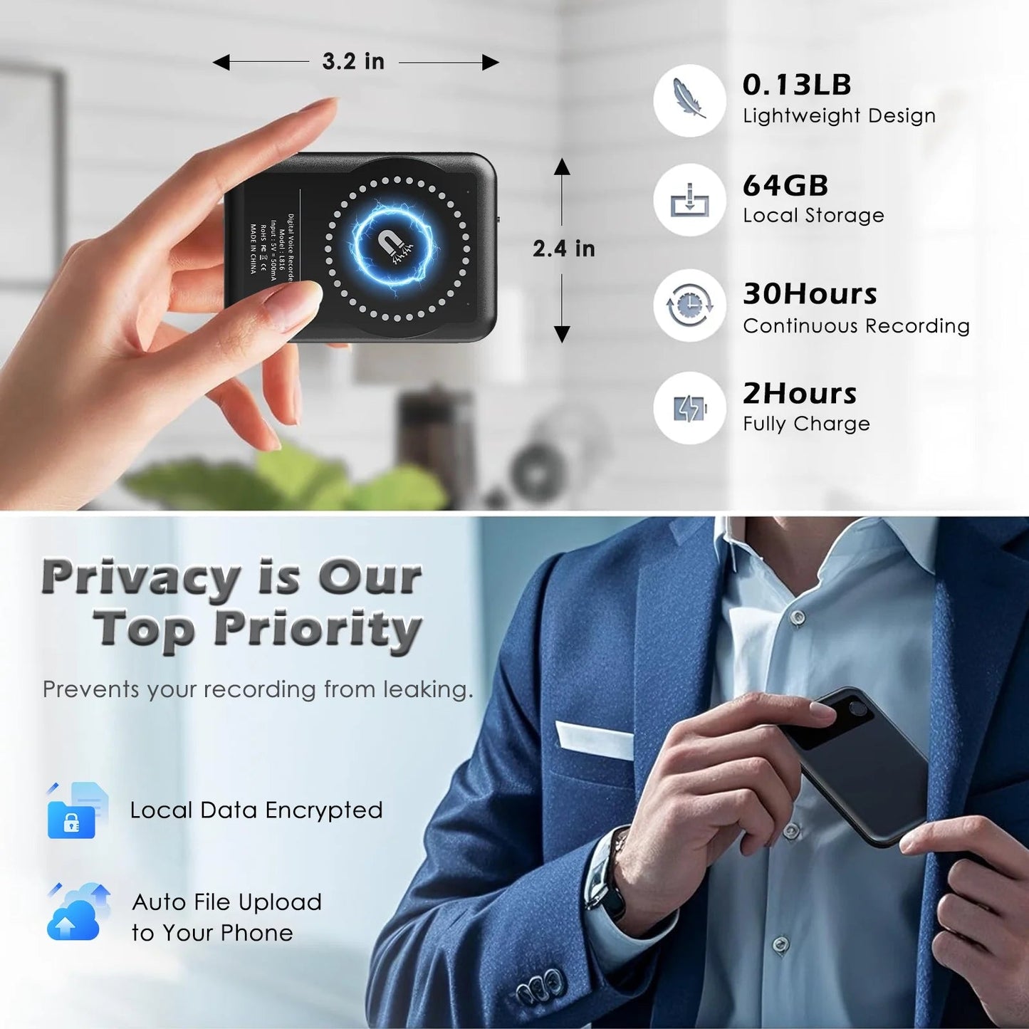 AI Voice Recorder with Transcribe, Translation, APP Control, AI Analysis Summarize for Lectures Meetings Calls, Support 100+ Languages, 64GB Memory - Techlyn