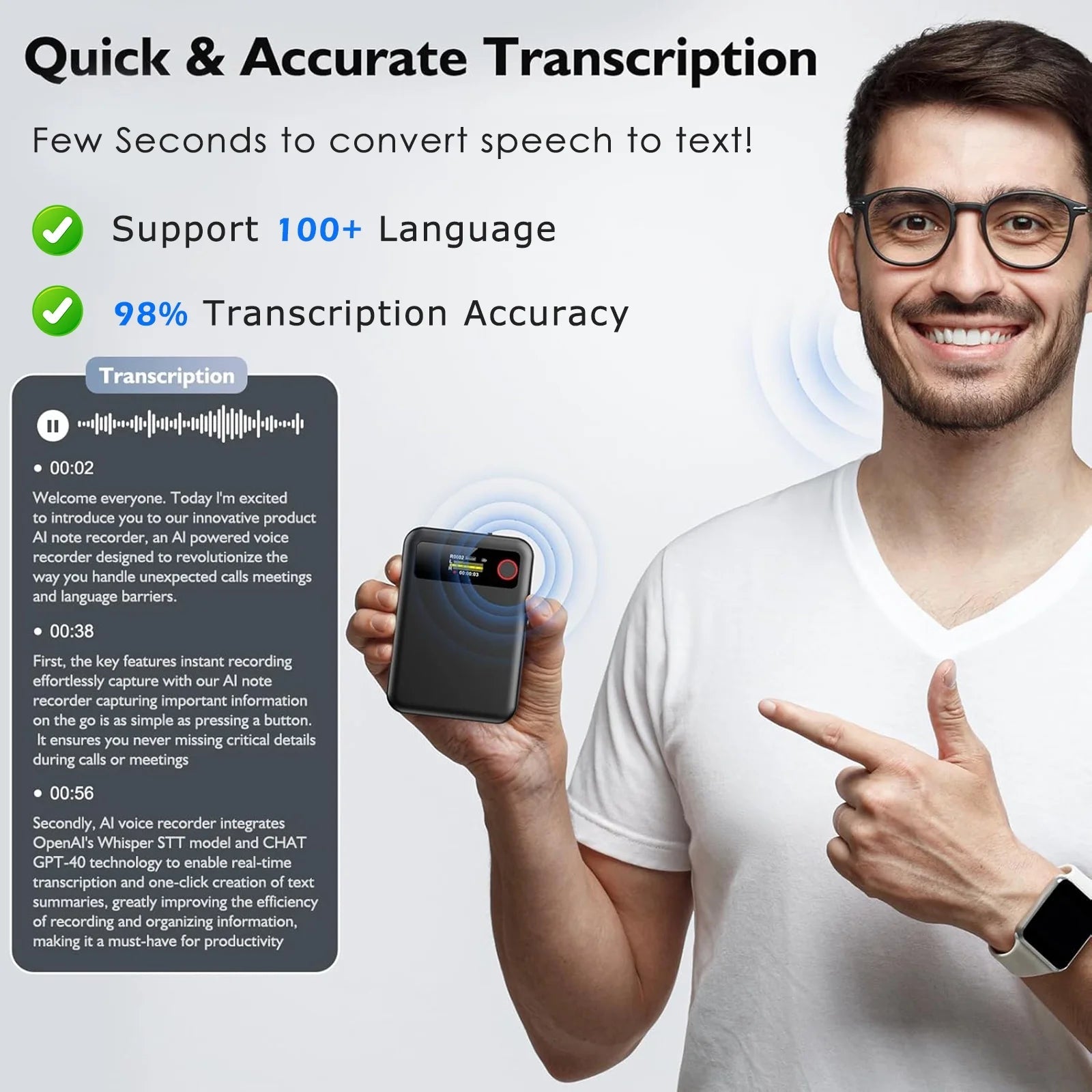AI Voice Recorder with Transcribe, Translation, APP Control, AI Analysis Summarize for Lectures Meetings Calls, Support 100+ Languages, 64GB Memory - Techlyn