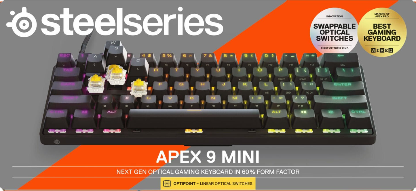  - Apex 9 Mini Gaming Keyboard 60% Wired Optipoint Adjustable Actuation Switch with RGB Lighting - Black - Techlyn