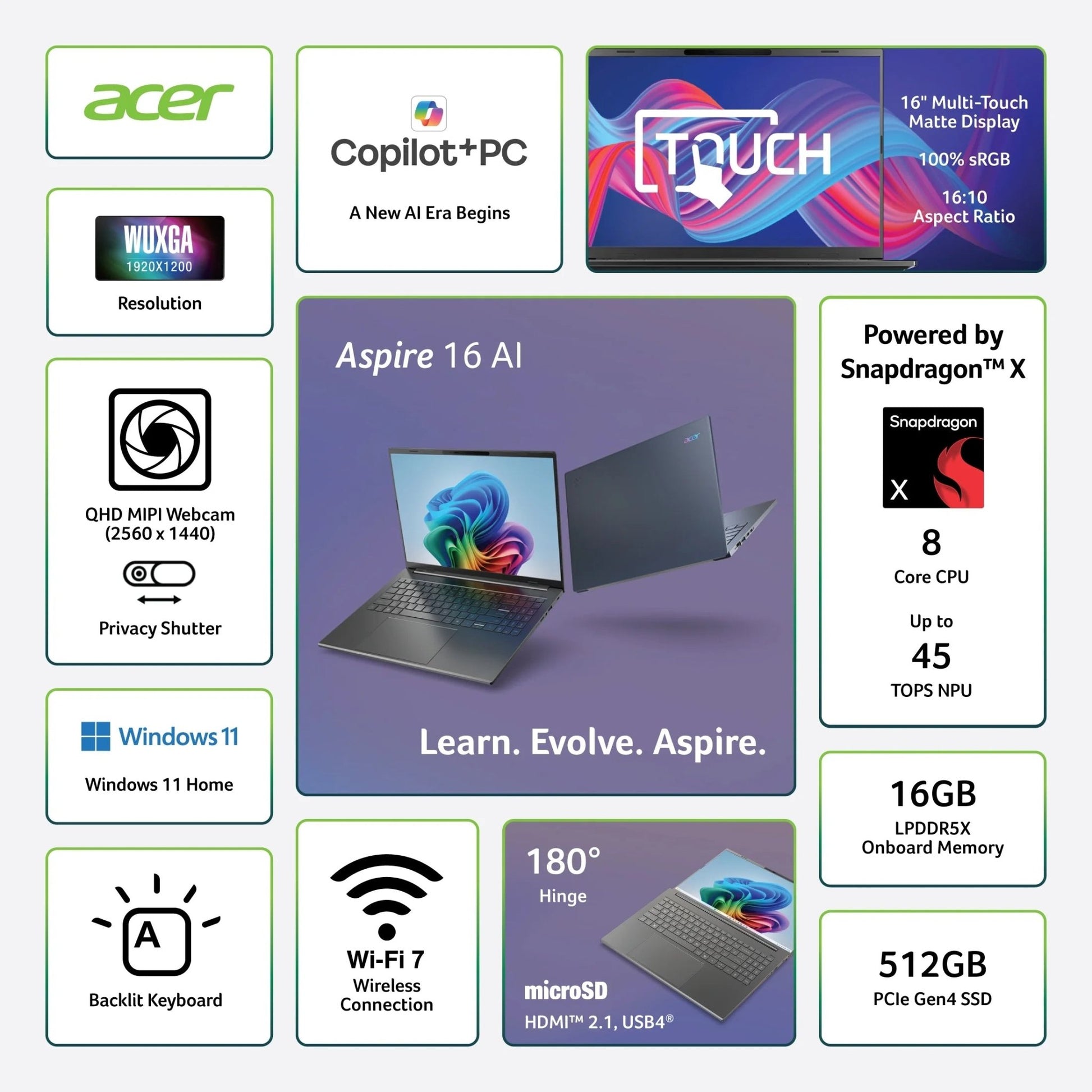 Aspire 16 AI A16 - 11MT - X8A9 Copilot+ PC, 16" WUXGA (1920 X 1200) 120Hz IPS Touch Screen, Snapdragon X, 16GB RAM, 512GB SSD, Steel Gray - Techlyn