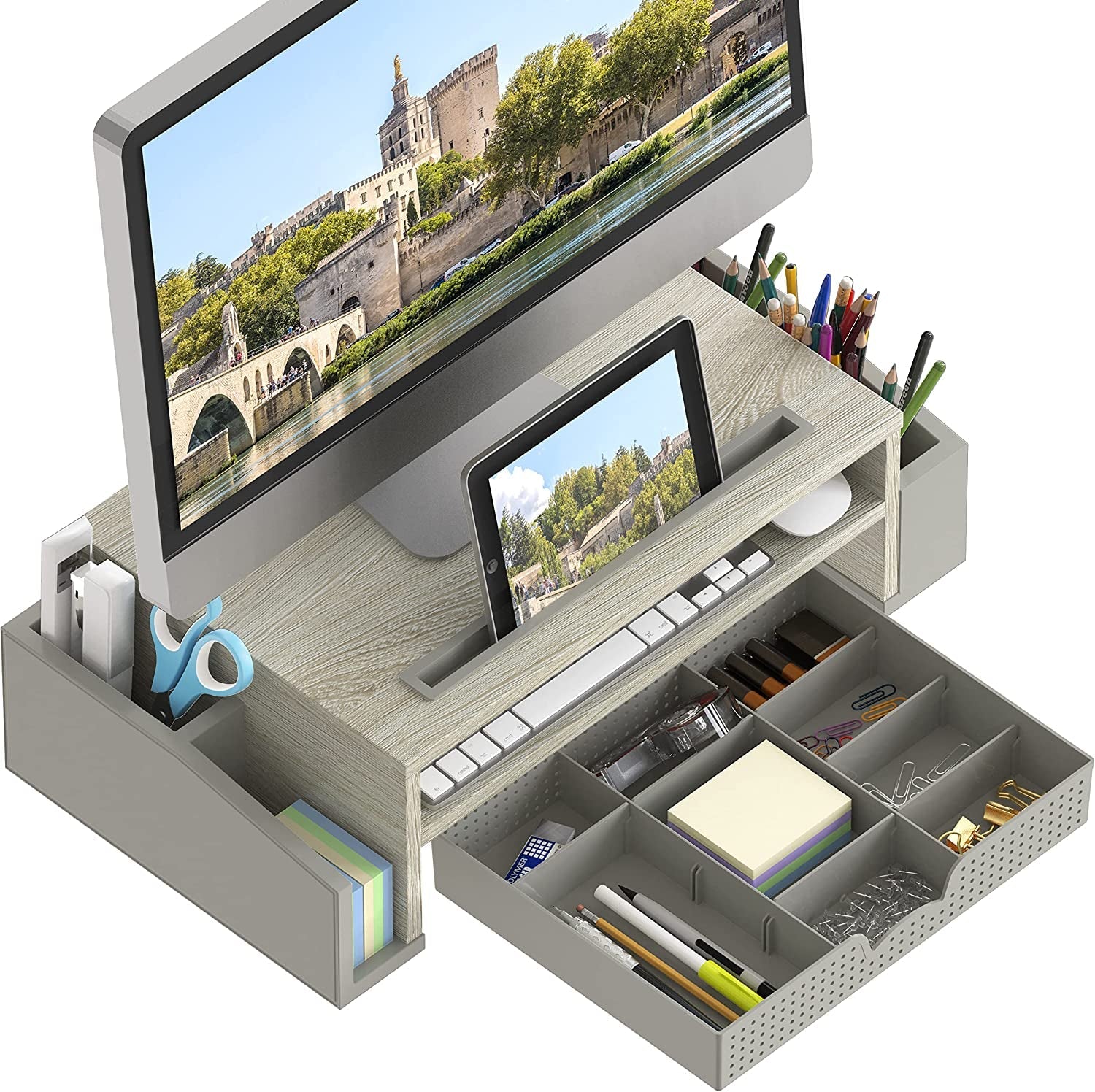 Desk Monitor Stand Riser with Adjustable Organizer Tray, Maple - Techlyn