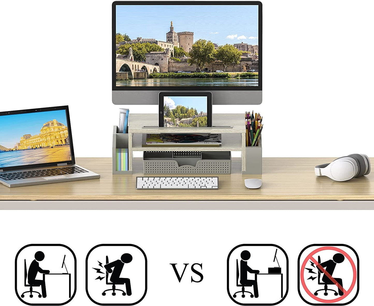 Desk Monitor Stand Riser with Adjustable Organizer Tray, Maple - Techlyn