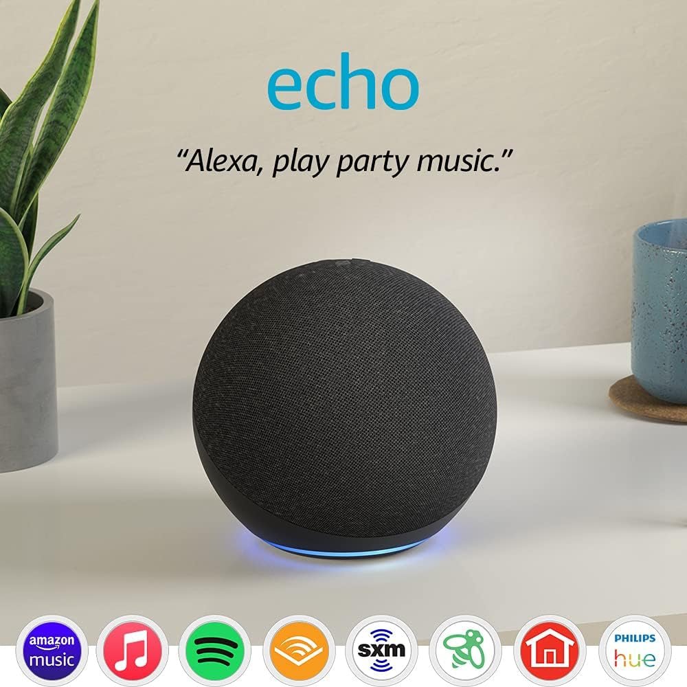 Echo (Newest Model), Alexa Speaker with Premium Sound, Ideal for Large Bedrooms, Living Rooms and Kitchens, Charcoal - Techlyn