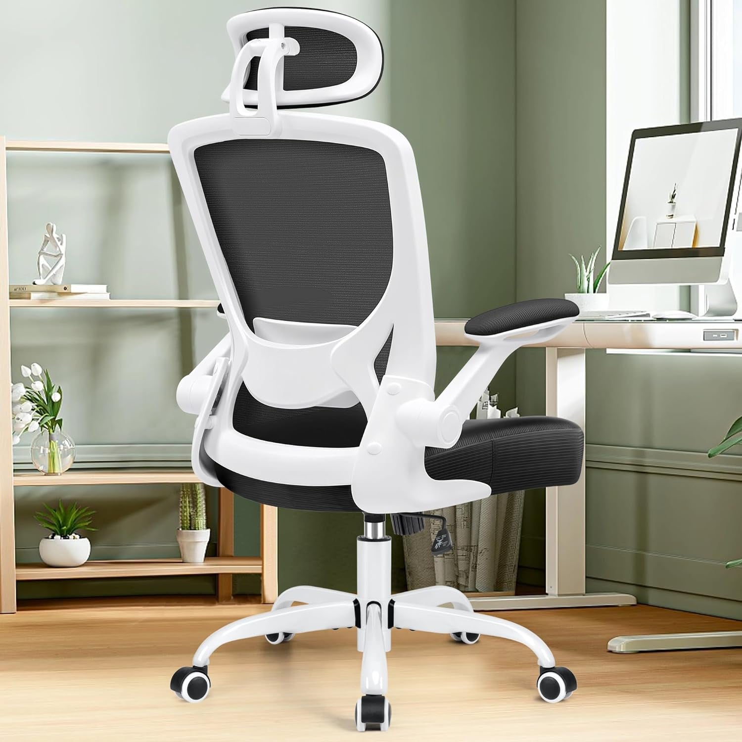 Ergonomic Office Chair, Breathable Mesh Desk Chair, Lumbar Support Computer Chair with Headrest and Flip - Up Arms, Swivel Task Chair, Adjustable Height Gaming Chair, White - Techlyn