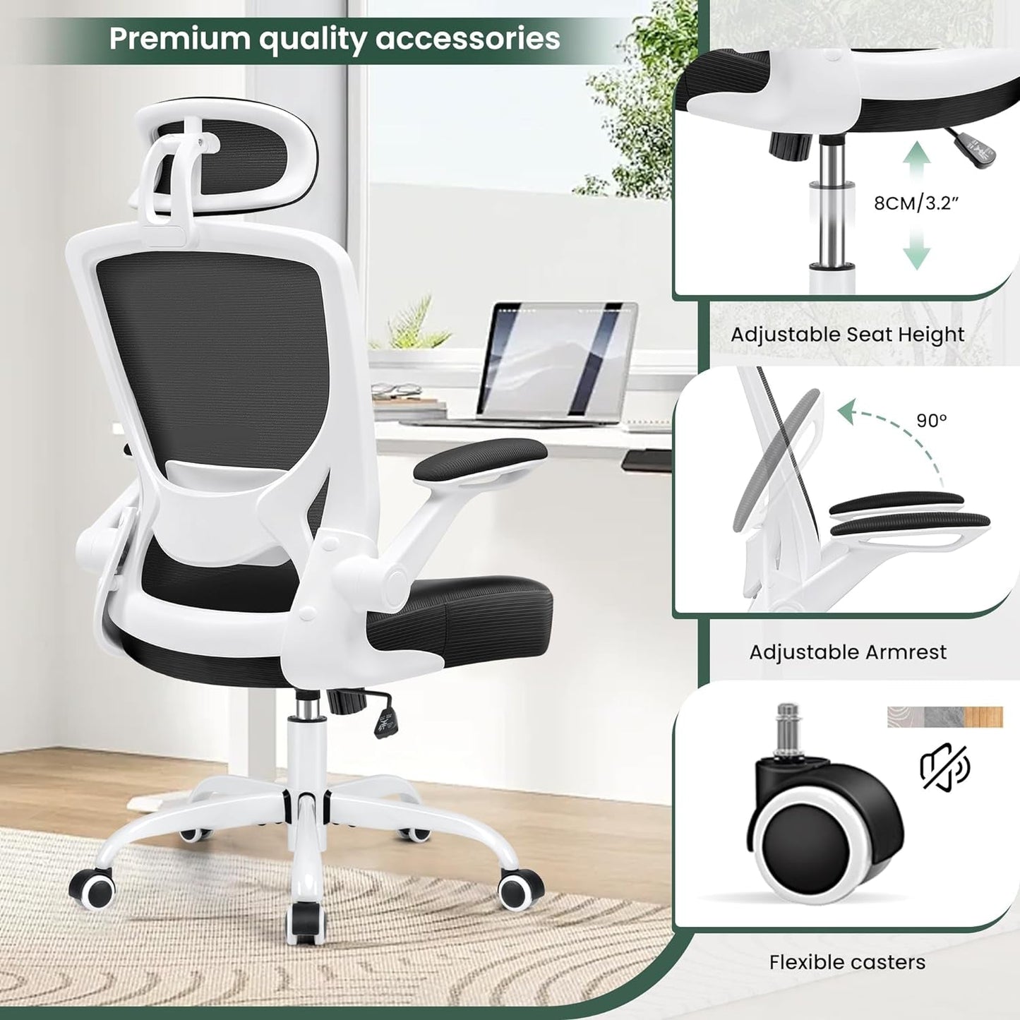 Ergonomic Office Chair, Breathable Mesh Desk Chair, Lumbar Support Computer Chair with Headrest and Flip - Up Arms, Swivel Task Chair, Adjustable Height Gaming Chair, White - Techlyn