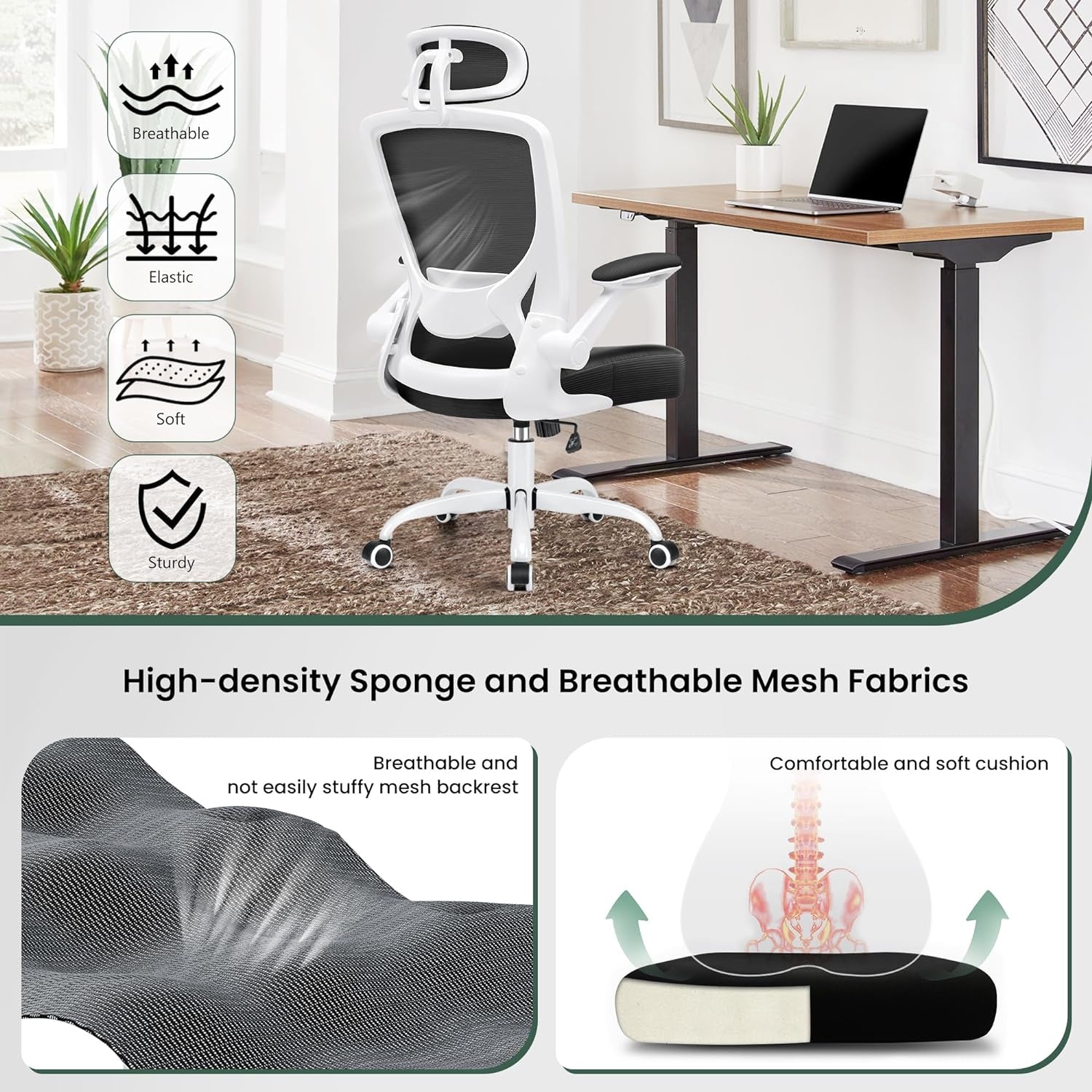 Ergonomic Office Chair, Breathable Mesh Desk Chair, Lumbar Support Computer Chair with Headrest and Flip - Up Arms, Swivel Task Chair, Adjustable Height Gaming Chair, White - Techlyn