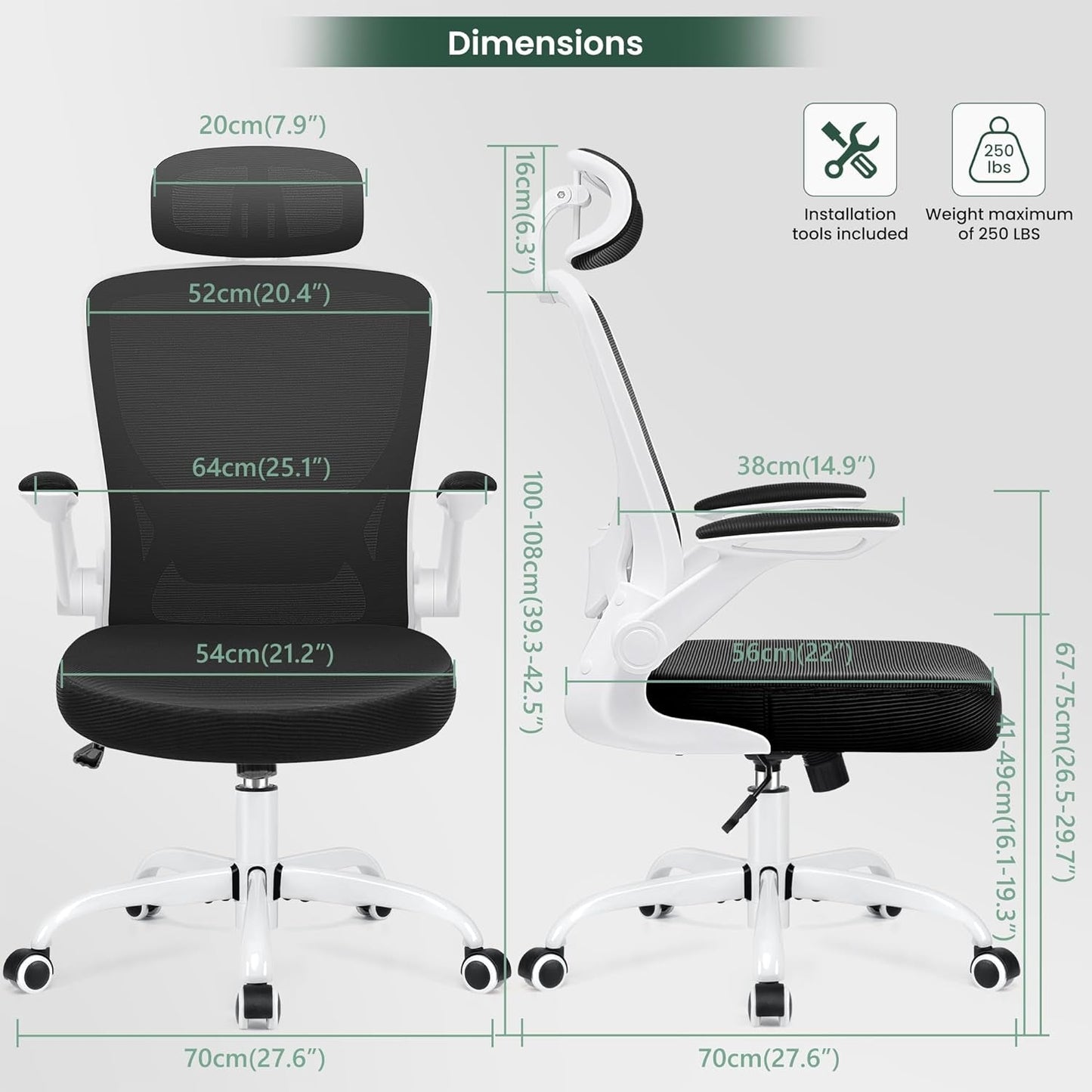 Ergonomic Office Chair, Breathable Mesh Desk Chair, Lumbar Support Computer Chair with Headrest and Flip - Up Arms, Swivel Task Chair, Adjustable Height Gaming Chair, White - Techlyn