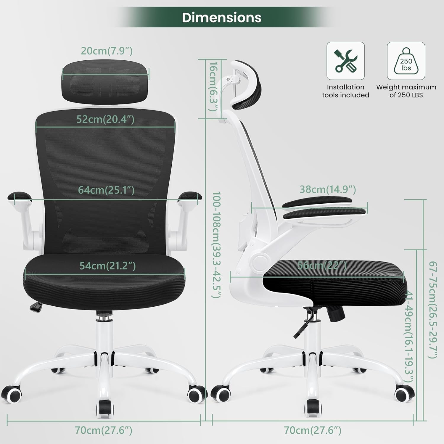Ergonomic Office Chair, Breathable Mesh Desk Chair, Lumbar Support Computer Chair with Headrest and Flip - Up Arms, Swivel Task Chair, Adjustable Height Gaming Chair, White - Techlyn