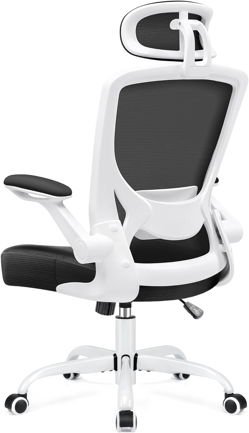 Ergonomic Office Chair, Breathable Mesh Desk Chair, Lumbar Support Computer Chair with Headrest and Flip - Up Arms, Swivel Task Chair, Adjustable Height Gaming Chair, White - Techlyn
