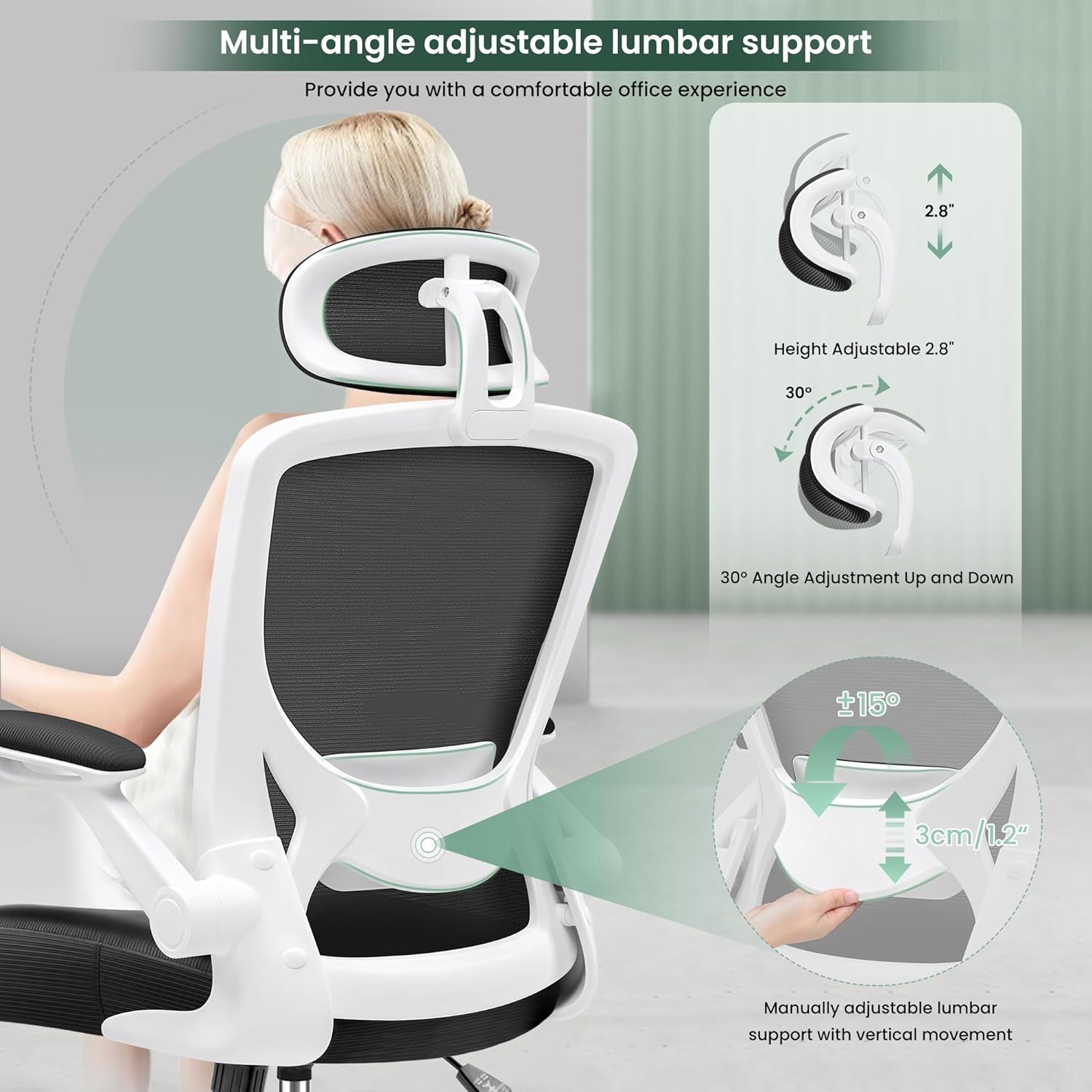 Ergonomic Office Chair, Breathable Mesh Desk Chair, Lumbar Support Computer Chair with Headrest and Flip - Up Arms, Swivel Task Chair, Adjustable Height Gaming Chair, White - Techlyn