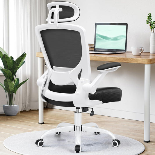 Ergonomic Office Chair, Breathable Mesh Desk Chair, Lumbar Support Computer Chair with Headrest and Flip - Up Arms, Swivel Task Chair, Adjustable Height Gaming Chair, White - Techlyn