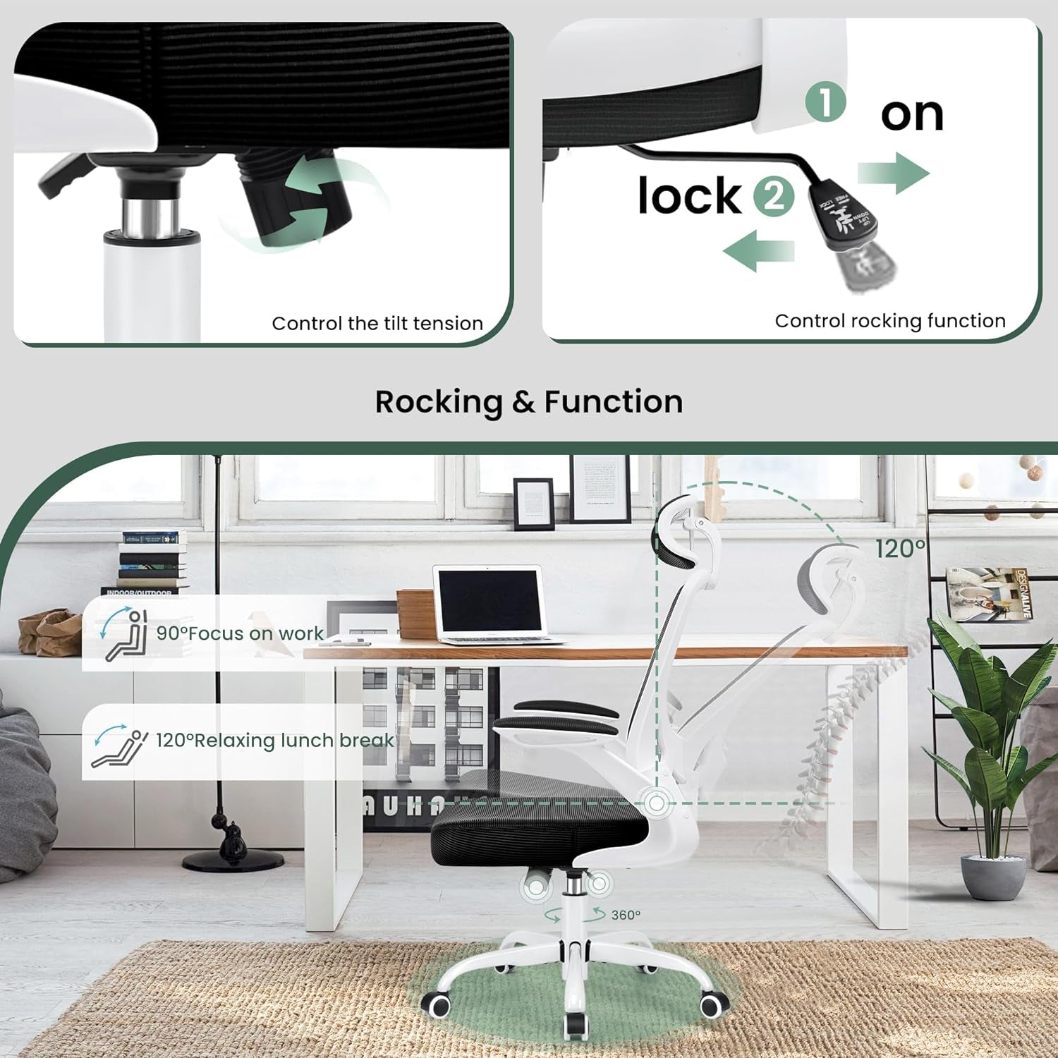 Ergonomic Office Chair, Breathable Mesh Desk Chair, Lumbar Support Computer Chair with Headrest and Flip - Up Arms, Swivel Task Chair, Adjustable Height Gaming Chair, White - Techlyn