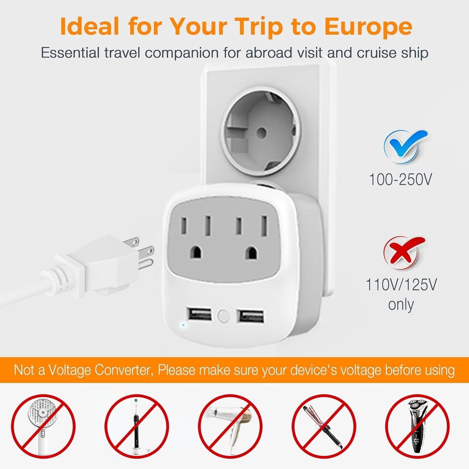 European Travel Plug Adapter Converter, International Power Plug Converter with 2 USB, Type C Outlet Adaptor Charger for US to Most of Europe EU Iceland Spain Italy France Germany - Techlyn