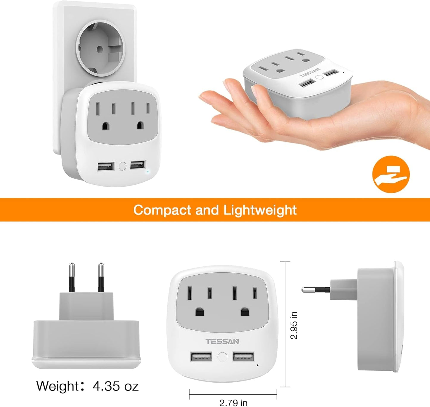 European Travel Plug Adapter Converter, International Power Plug Converter with 2 USB, Type C Outlet Adaptor Charger for US to Most of Europe EU Iceland Spain Italy France Germany - Techlyn