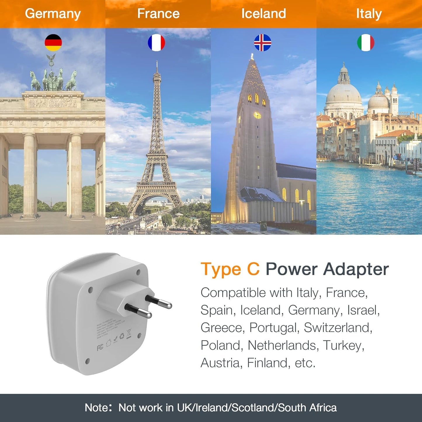 European Travel Plug Adapter Converter, International Power Plug Converter with 2 USB, Type C Outlet Adaptor Charger for US to Most of Europe EU Iceland Spain Italy France Germany - Techlyn