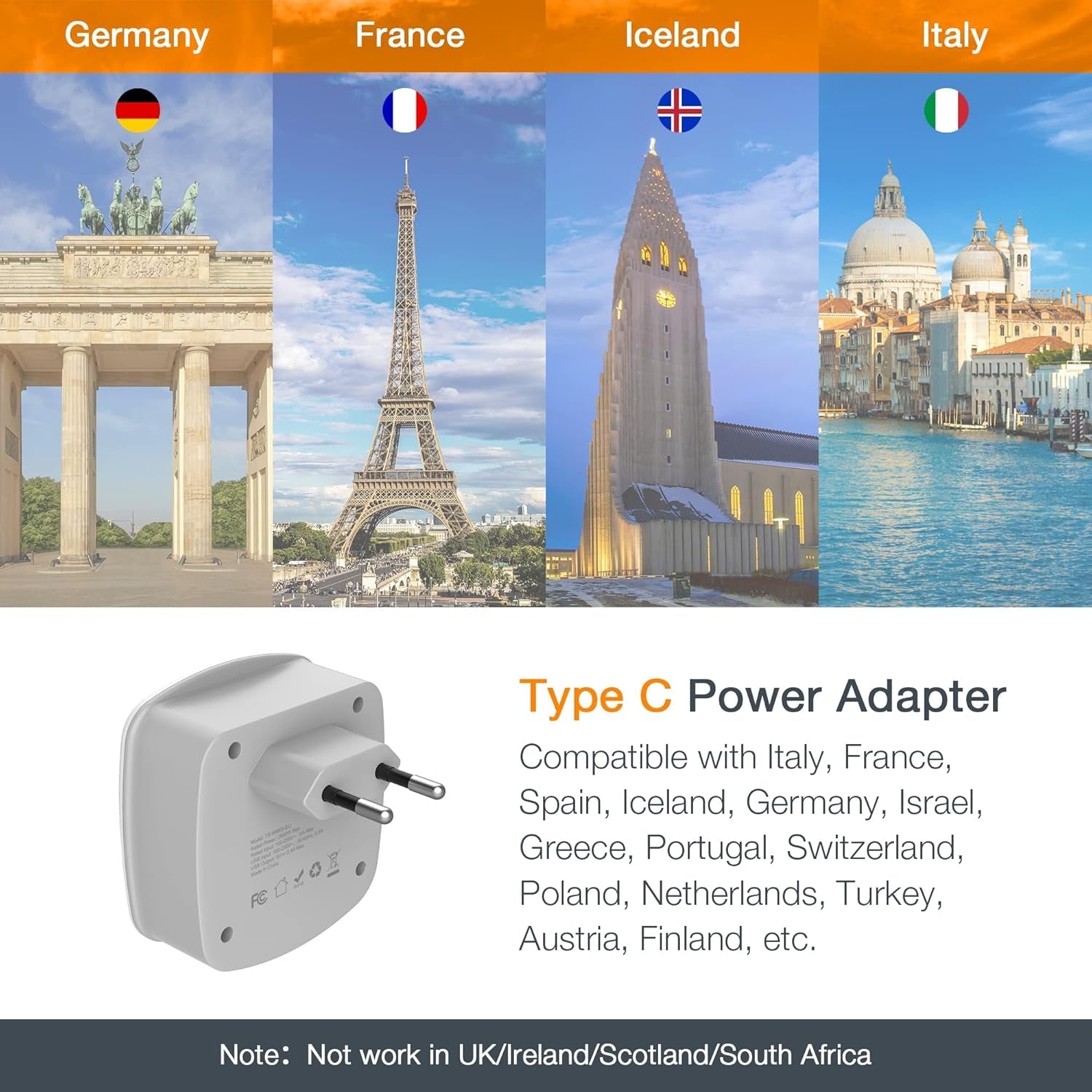 European Travel Plug Adapter Converter, International Power Plug Converter with 2 USB, Type C Outlet Adaptor Charger for US to Most of Europe EU Iceland Spain Italy France Germany - Techlyn