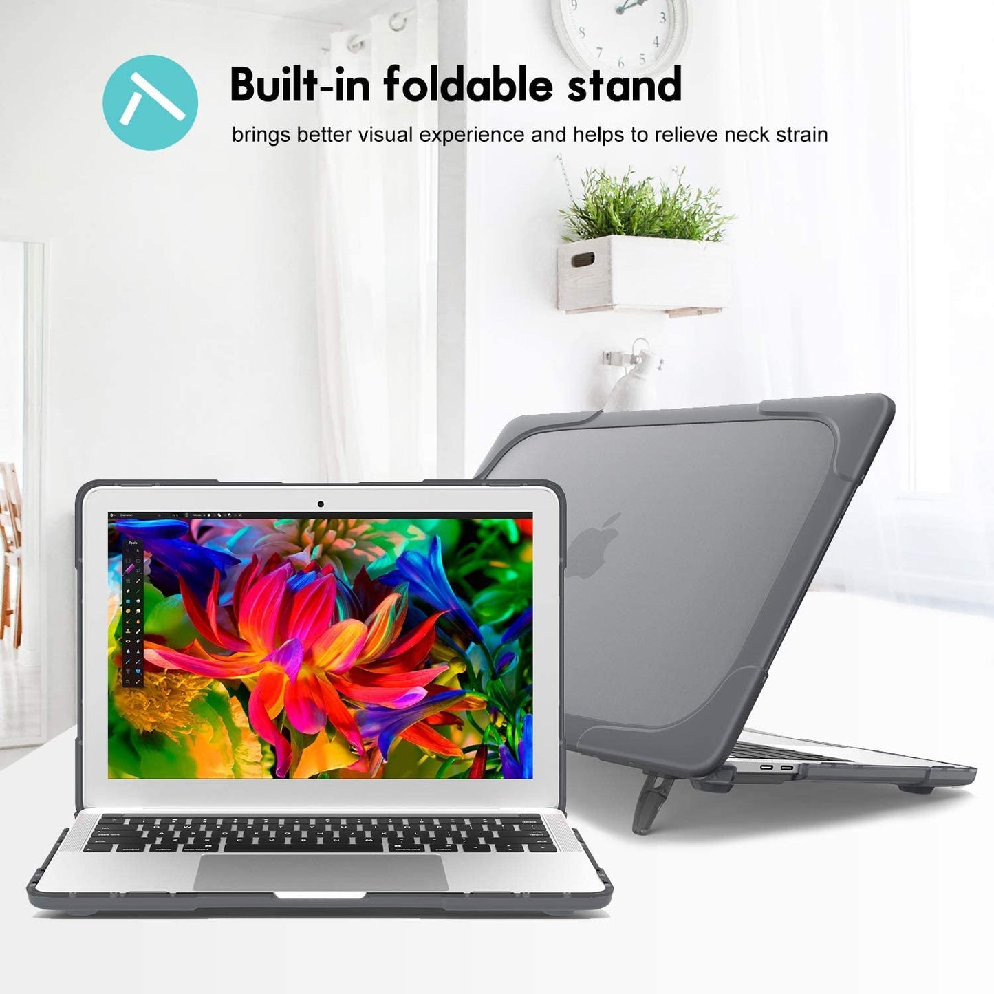for Macbook Air 13 Inch Case 2020 2019 2018 A2337 M1 A2179 A1932, Heavy Duty Hard Shell Protective Cover with Fold Kickstand - Grey - Techlyn