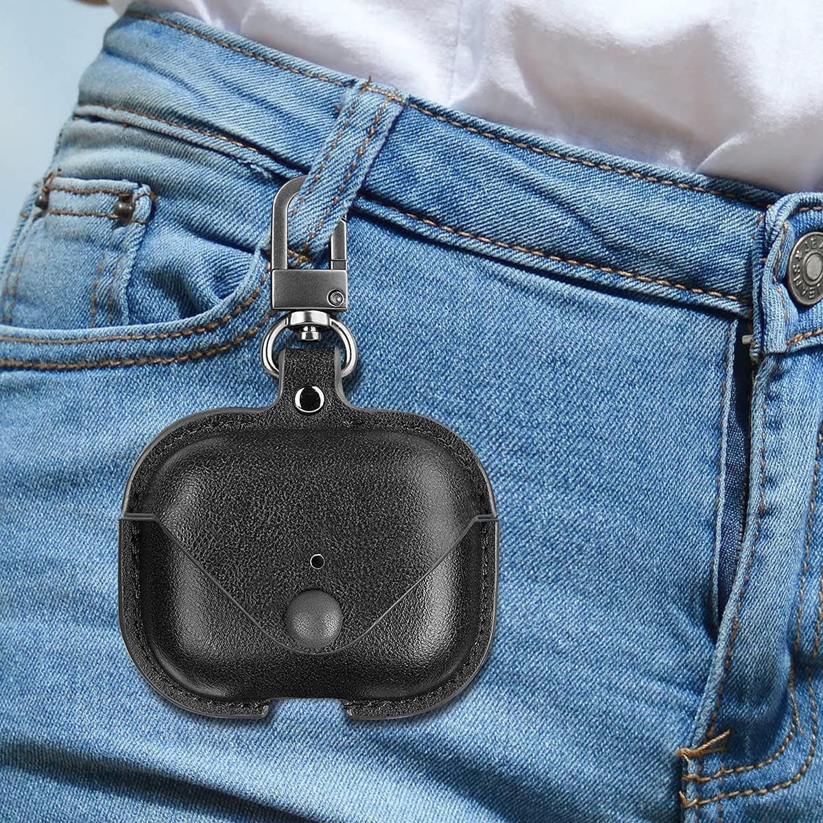 Genuine Leather Case Compatible with Airpods Pro Case 2Nd/1St Gen (2023/2022/2019), Protective Cover for Apple Airpods Pro 2/Pro Wireless Charging Case with Keychain and Snap Lock Black - Techlyn