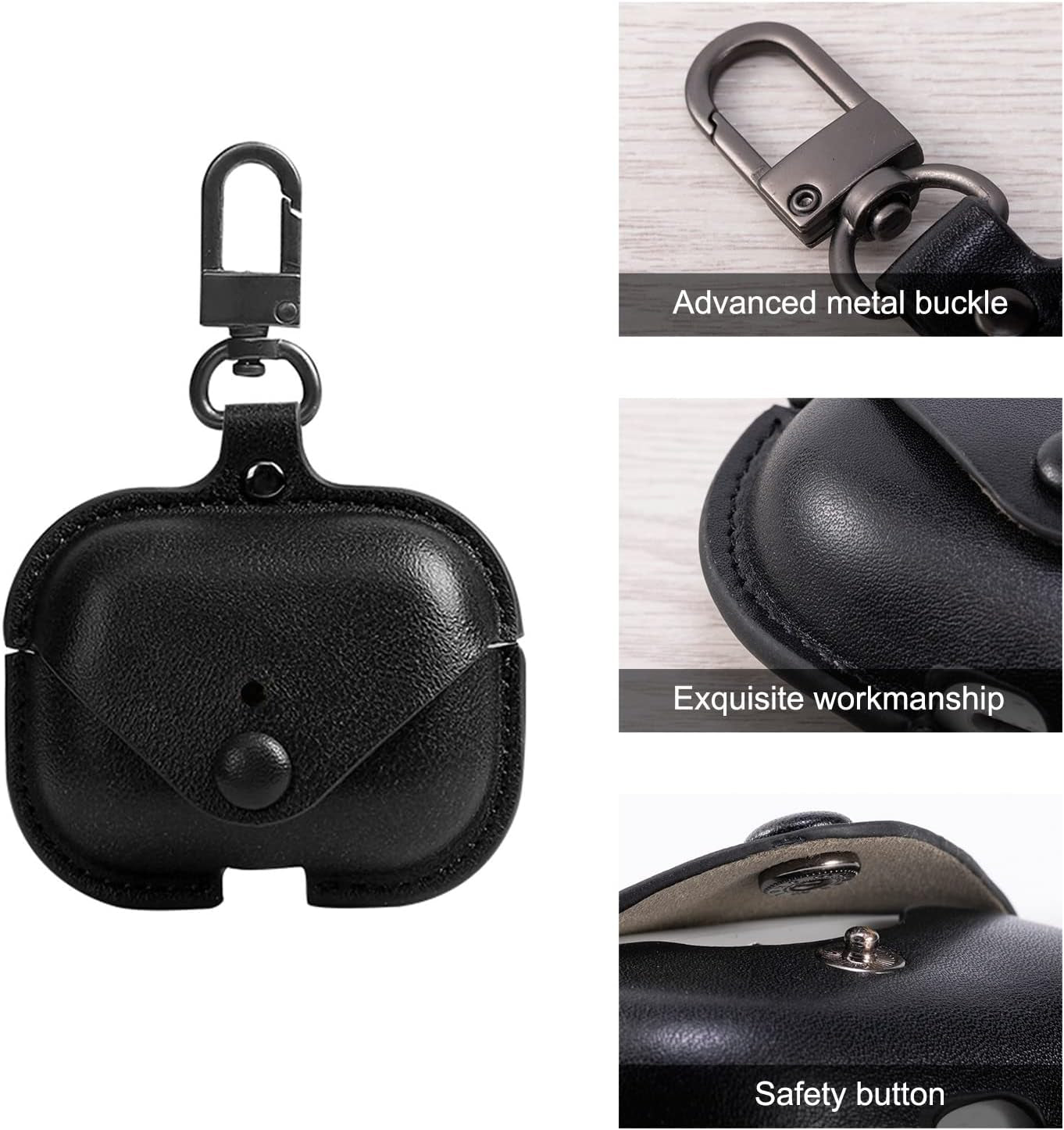 Genuine Leather Case Compatible with Airpods Pro Case 2Nd/1St Gen (2023/2022/2019), Protective Cover for Apple Airpods Pro 2/Pro Wireless Charging Case with Keychain and Snap Lock Black - Techlyn