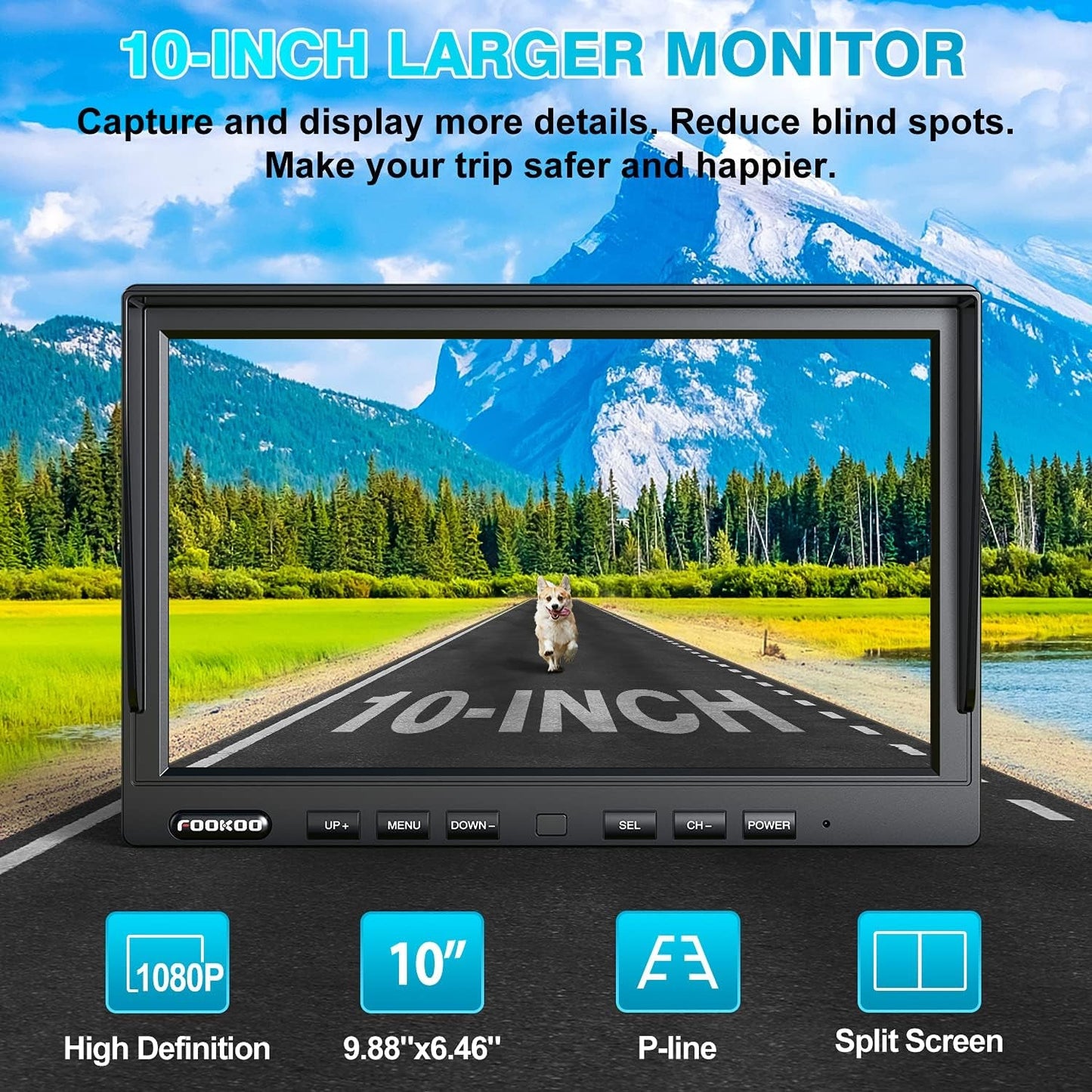 HD 1080P 10" Wireless Backup Camera, 10 - Inch Dual/Quad Split Monitor, Supports 4 Cameras, IP69 Waterproof Rear View Camera Parking Lines, Recording W/ 32GB SD Card for Rv/Trailer/Truck (DW101) - Techlyn